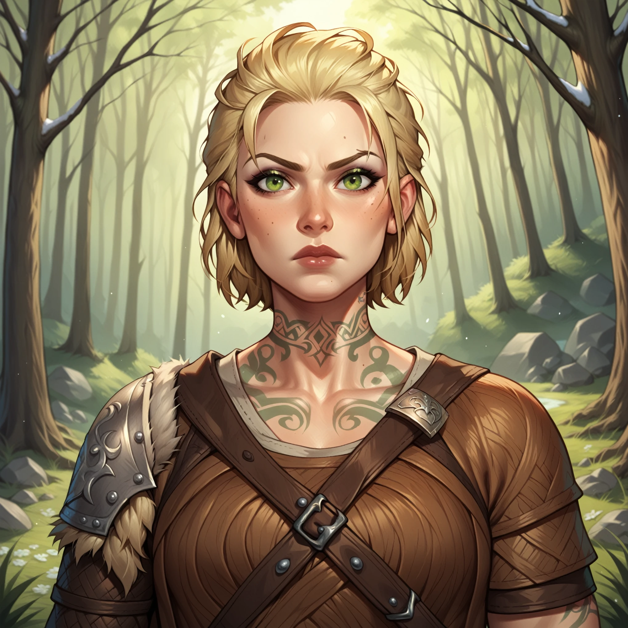 (((beautiful, high quality, comics style, detailed face))), score_9, score_8_up, score_7_up, BREAK, 1woman, tall, slender, short straw blonde hair:1.2, green tattoos, tentacles tattoos, neck tattoos, viking, scale mail armor, has a wooden shield and a spear, solo, portrait, upper body, portrait, serious expression, at night, snow forest background, fantasy, (dynamic lighting:1.1) ((masterpiece))