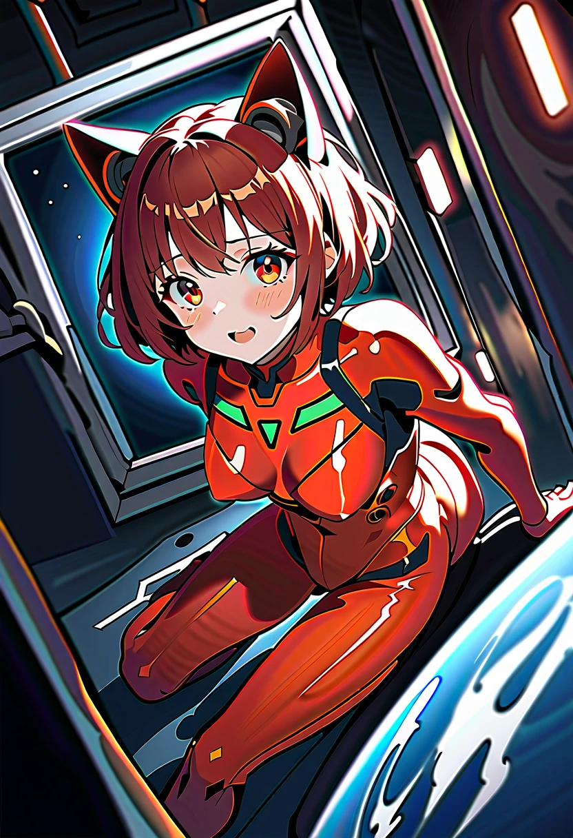 8k, Ultra-high resolution, Highest quality, masterpiece, Rule of thirds photograph,surreal, photograph, pretty girl, Cute Face, Beautiful eyes in every detail, Detailed,masterpiece,,,,,,,,,,, ( short hair,room, bad, wariza,sitting,  from above, space helmet, muvluv, eva helm, evangelion,, plugsuit , space helmet, eva helm,red bodysuit, short hair, ,,plugsuit, red bodysuit,evangelion,(red helmet:1.2), space helmet, cat ears, Japanese female,hort hair, bangs, ahegao, red helmet,,full body, eva helm