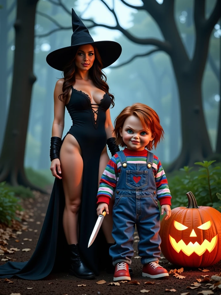 A spooky Halloween scene in a mysterious forest at night, with fog creeping across the ground and dark, twisted trees in the background. Influencer Kelly, a 25-year-old young woman, has brown and smooth skin, long and wavy dark brown hair, stunning green eyes and an athletic physique, toned and with some volume, average height of 1.70, medium breasts and defined hips and large buttocks , strong legs and defined abdomen, is in the center, with long dark brown wavy hair, wearing an elegant and sensual witch costume: a tight black dress with lace details, a pointed witch hat and leather boots. Kelly strikes a confident, powerful pose, her piercing green eyes looking straight ahead. Next to her is the iconic Chucky doll, with a mischievous smile, messy red hair and his classic denim overalls and striped shirt. Chucky holds a knife in his hand, but stands in a way that seems more mysterious and disturbing than overtly threatening. Near them, a large carved pumpkin with a sinister face glows with a strange orange light, illuminating the scene. Shadows envelop the environment, with dry leaves scattered across the ground, and a feeling of suspense fills the air, in close-up