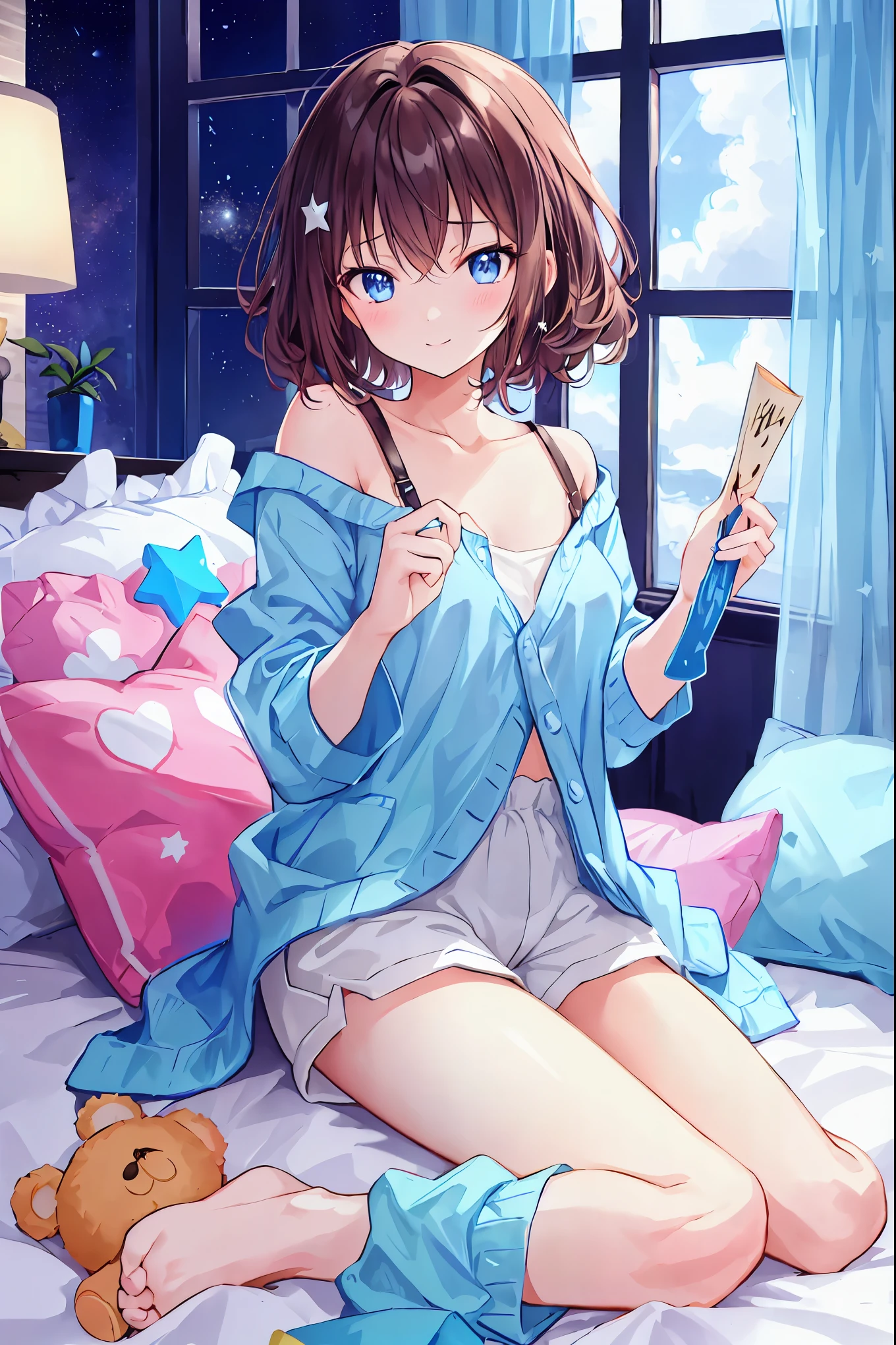  one girl playing pranks, Alone, Brown Hair， shortcuts，My hair is messy， Short braided hair ，Neat，Slender beauty，Dignified posture，Small breasts， beautiful legs with tails，魅惑的なグレーブルーの目はstarのように輝いている， bright color, beautiful eyes,A delicate smile, Wrinkled Skin ,The best品質、The best,  gentle and beautiful woman  , anime style,  Long Sleeve ,  at dawn, null,  shorts, barefoot, cloud, indoor, pillow, books, barefoot, Bed with window ,  Knight ,  on the bed,  plush, moon,  plush, curtain, star (null),  Knight  null, mechanical, starry null, bubble, teddy bear, pajamas, clock, books, lamp, bedroom, crescent moon, ,