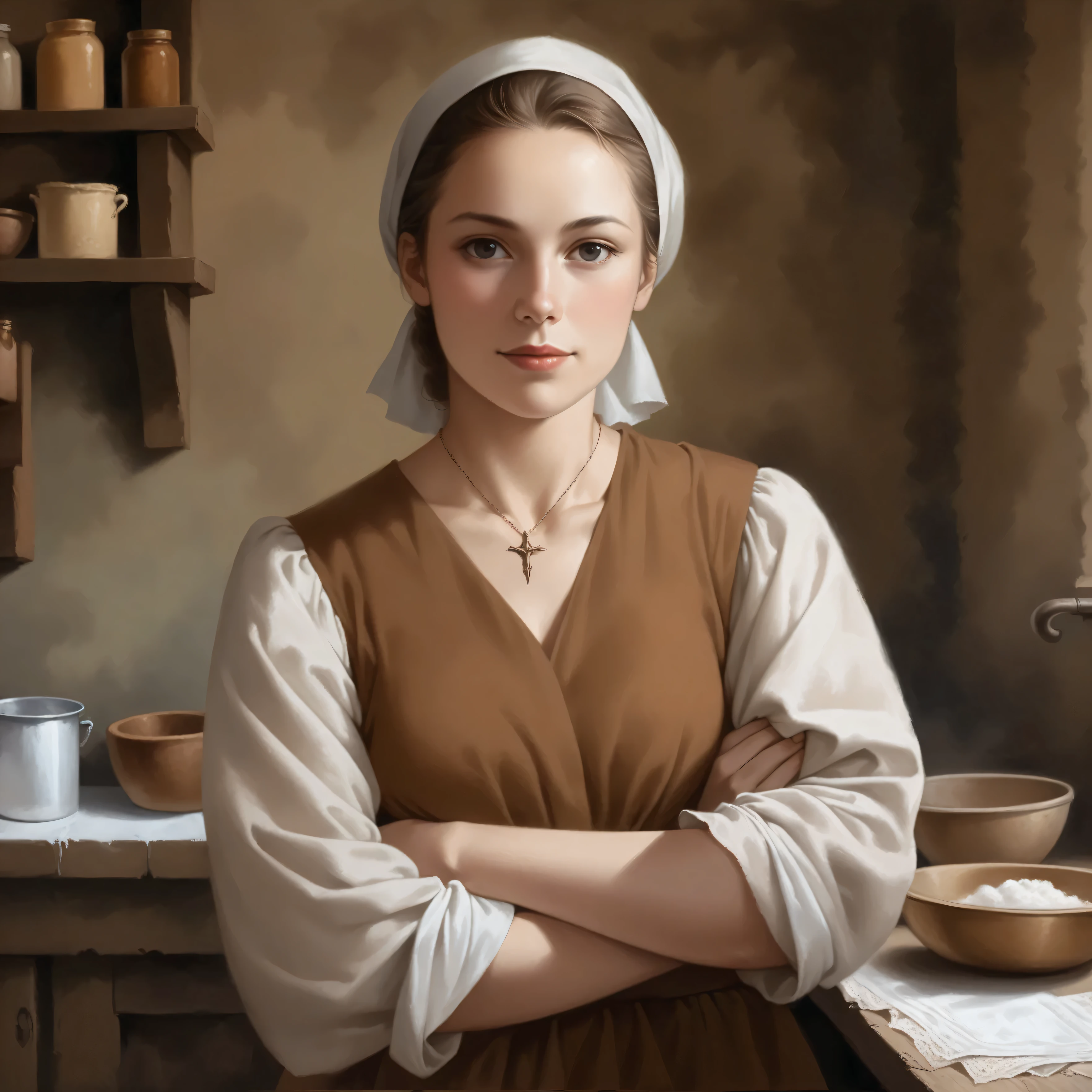 there is a woman in a brown dress standing in a kitchen, renaissance digital painting, beautiful character painting, realistic renaissance portrait, inspired by Francesco Hayez, oil painting of realistic woman, realistic spanish woman painting, realistic cute girl painting, realistic digital painting, medieval portrait, mary jane ansell, artgerm and william bouguereau, inspired by Johannes Helgeson