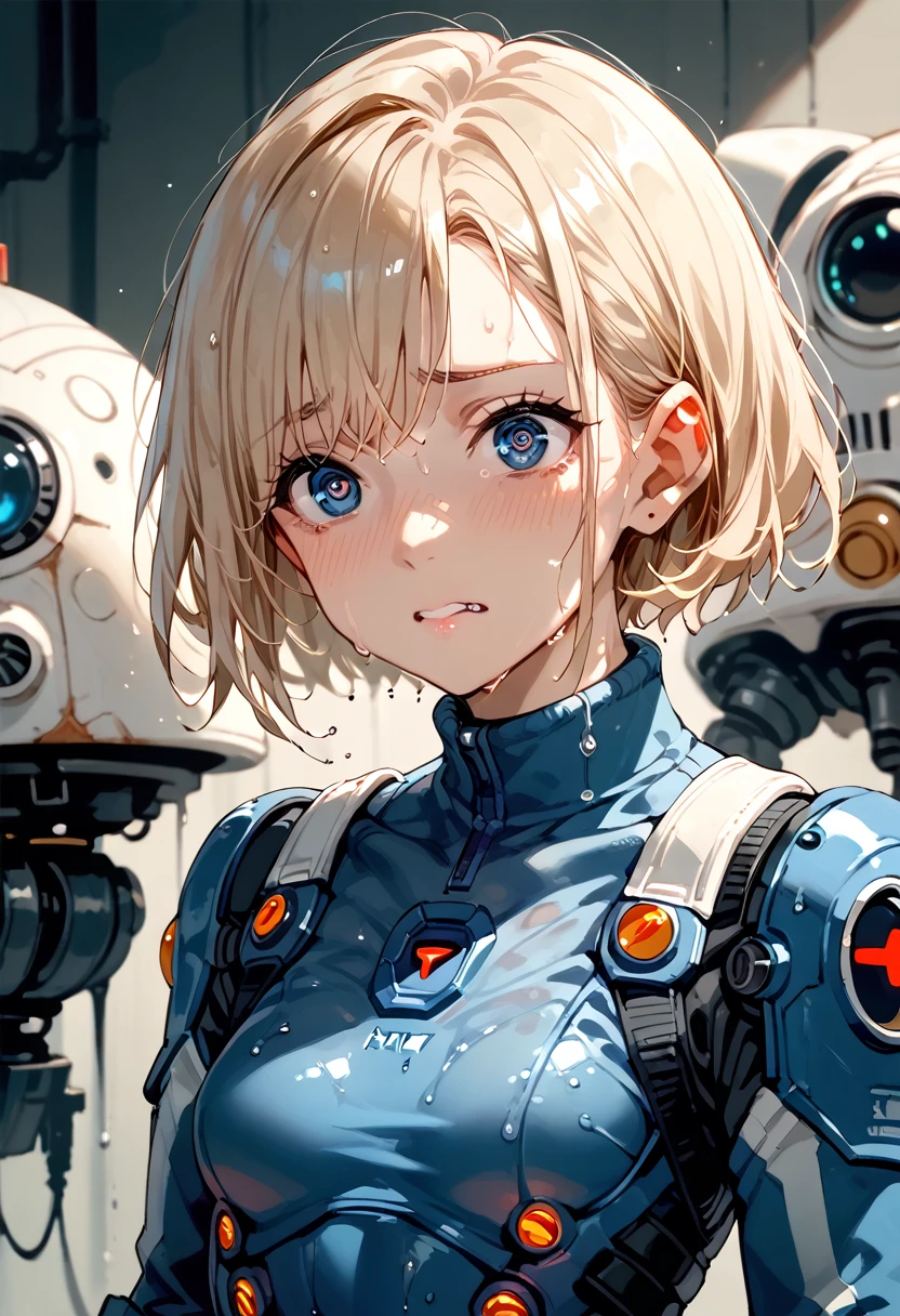 (very detailedな目と顔),blue eyes, small breasts,　 soaked,  clothes,Mech Suit, black inner,SF,weating from the pleasure, ((((expression just before climax))))((eyes open)), (can't control the pleasure), sweaty,