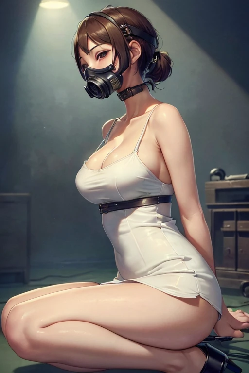 Best Quality)), ((傑Best Quality、masterpiece、High sensitivity、 high definition、 Detailed Description 、 Delicate Face Description )), Slender woman、 low angle、 Camisole Dress 、Crouch down、Gas mask、