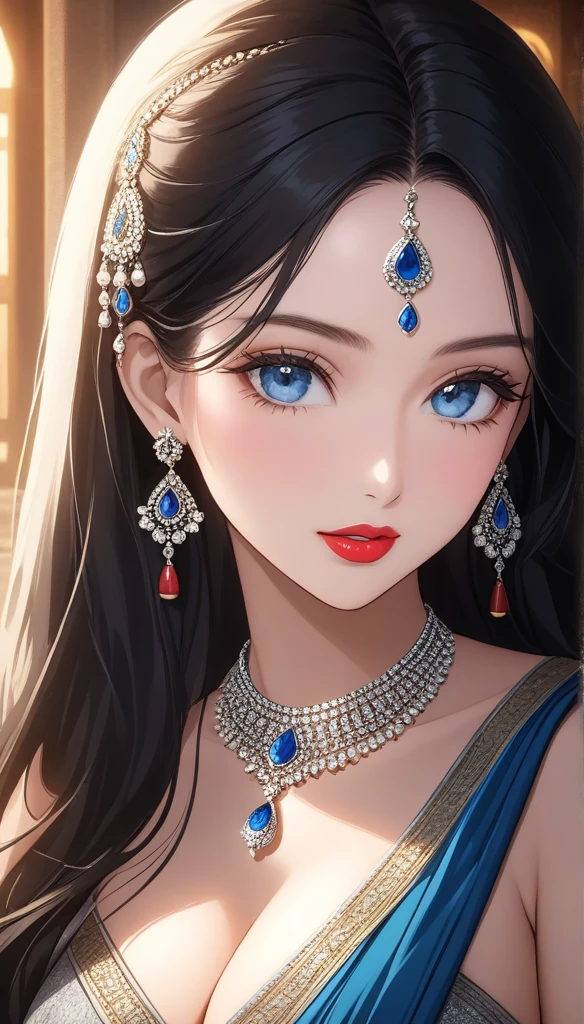 A beautiful young woman, big jhumka earrings, breasts, diamond necklace, long necklaces, makeup, big earrings, red lipstick, silver saree, long hair, blue eyes, cleavage, (best quality,4k,8k,highres,masterpiece:1.2),ultra-detailed,(realistic,photorealistic,photo-realistic:1.37),highly detailed portrait, intricate details, exquisite skin texture, dramatic lighting, cinematic composition, vivid colors, warm color palette, bracelet, nail polish,long nails, bangles,thin waist,long legs