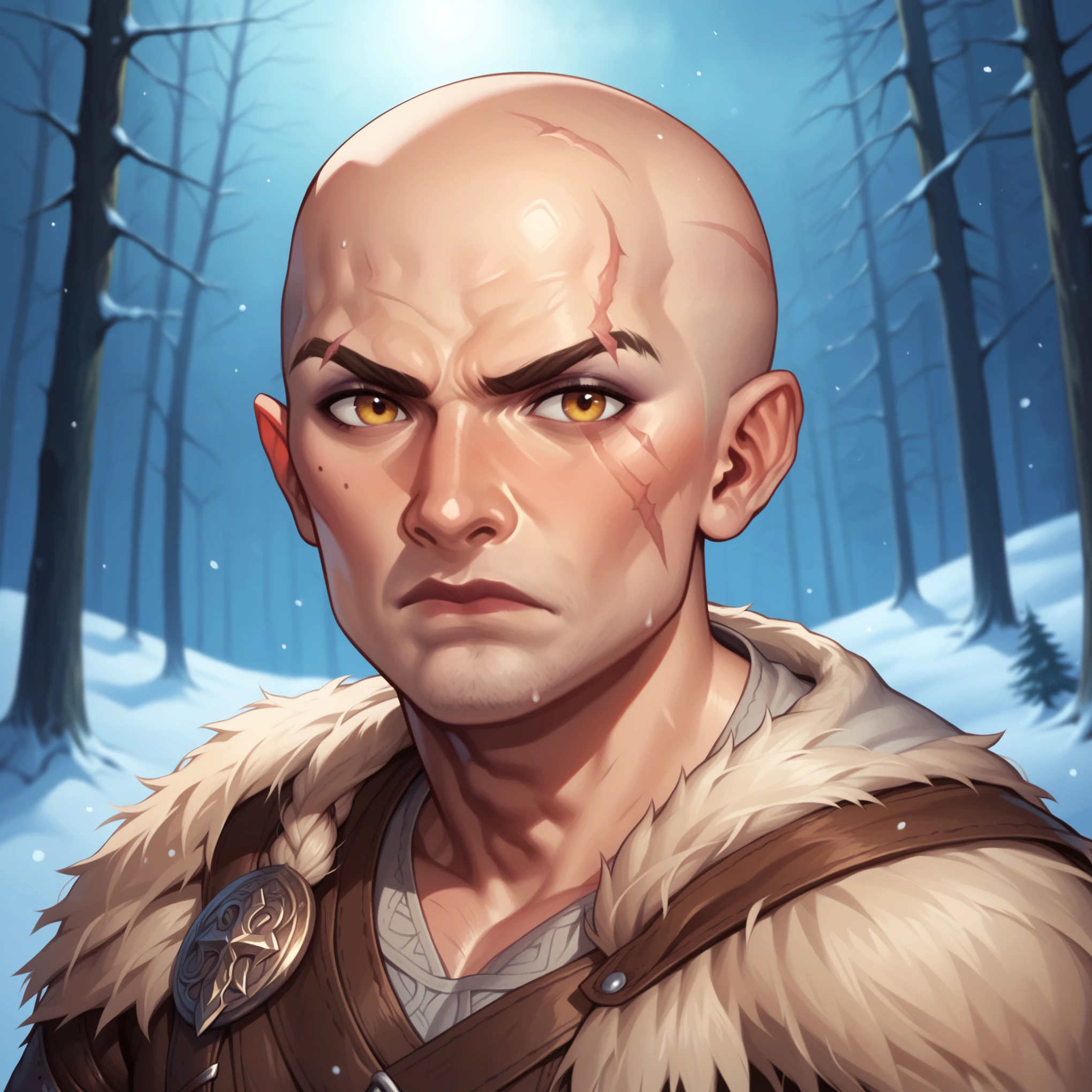 (((beautiful, high quality, comics style, detailed face))), score_9, score_8_up, score_7_up, BREAK, 1man, mature man, short, stocky, completely bald, scar on head, grumpy expression, banned leather, viking, solo, portrait, upper body, portrait, at night, snow forest background, fantasy, (dynamic lighting:1.1) ((masterpiece))