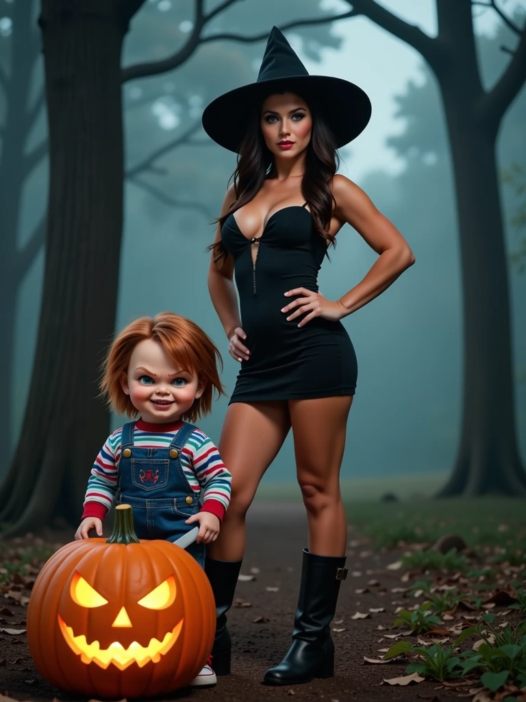 A spooky Halloween scene in a mysterious forest at night, with fog creeping across the ground and dark, twisted trees in the background. Influencer Kelly, a 25-year-old young woman, has brown and smooth skin, long and wavy dark brown hair, stunning green eyes and an athletic physique, toned and with some volume, average height of 1.70, medium breasts and defined hips and large buttocks , strong legs and defined abdomen, is in the center, with long dark brown wavy hair, wearing an elegant and sensual witch costume: a tight black dress with lace details, a pointed witch hat and leather boots. Kelly strikes a confident, powerful pose, her piercing green eyes looking straight ahead. Next to her is the iconic Chucky doll, with a mischievous smile, messy red hair and his classic denim overalls and striped shirt. Chucky holds a knife in his hand, but stands in a way that seems more mysterious and disturbing than overtly threatening. Near them, a large carved pumpkin with a sinister face glows with a strange orange light, illuminating the scene. Shadows envelop the environment, with dry leaves scattered across the ground, and a feeling of suspense fills the air, in close-up