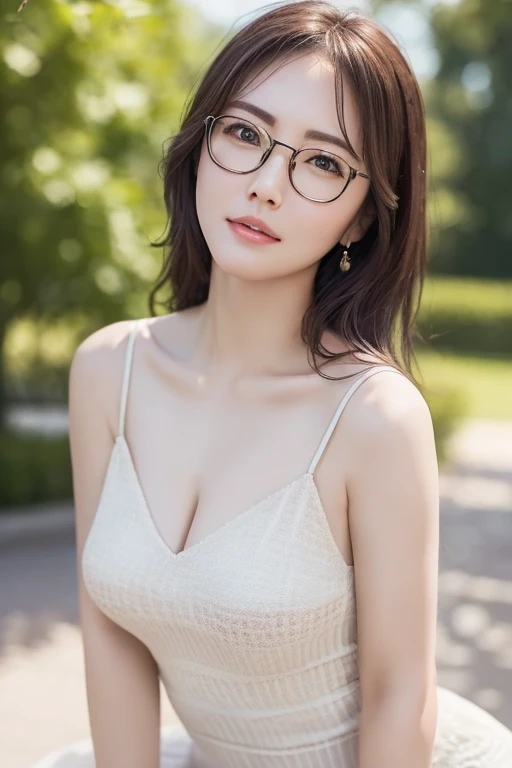 Best Quality)), ((傑Best Quality、masterpiece、High sensitivity、 high definition、 Detailed Description 、 Delicate Face Description )), Slender woman、Glasses、 low angle、 Camisole Dress 、Crouch down、