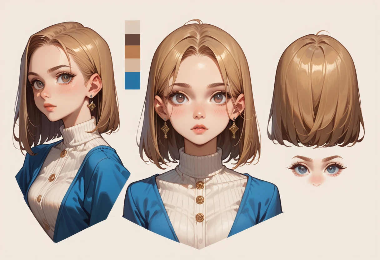 2b character shee aobut her face. beauty face. left side, front side, back side, top side and botom side. (only head character sheet)