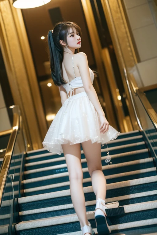 ((Best Quality)), ((傑Best Quality、masterpiece、High sensitivity、 high definition、 Detailed Description 、 Delicate Face Description )), Slender woman、angle： from behind escalator、Looking up 、 Mini Skirt Thighs 、 Woman behind 、 beautiful feet、