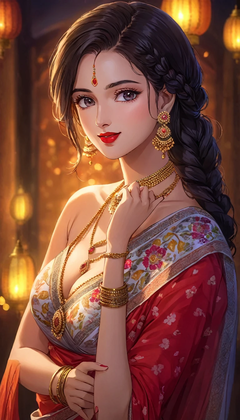 a young woman leaning down, single hair braid, detailed alluring eyes, smooth detailed lips, beautiful face, smiling, red lipstick, navel, bangles, saggy breasts, small cleavage, beautiful floral white saree with intricate patterns, big long jhumka earrings, ),HDR,UHD,studio lighting,ultra-fine painting,sharp focus,physically-based rendering,extreme detail description,professional,vivid colors,bokeh,portraits,chiaroscuro lighting,dramatic lighting,cinematic lighting, celebrating Diwali festival, background house entrance,diwali,manga tikka , jewellery, diamond necklace,gold necklace,silver chain, bangles,silver bangles,rings, wedding ring,nail polish,makeup eyeshadow ,white skin