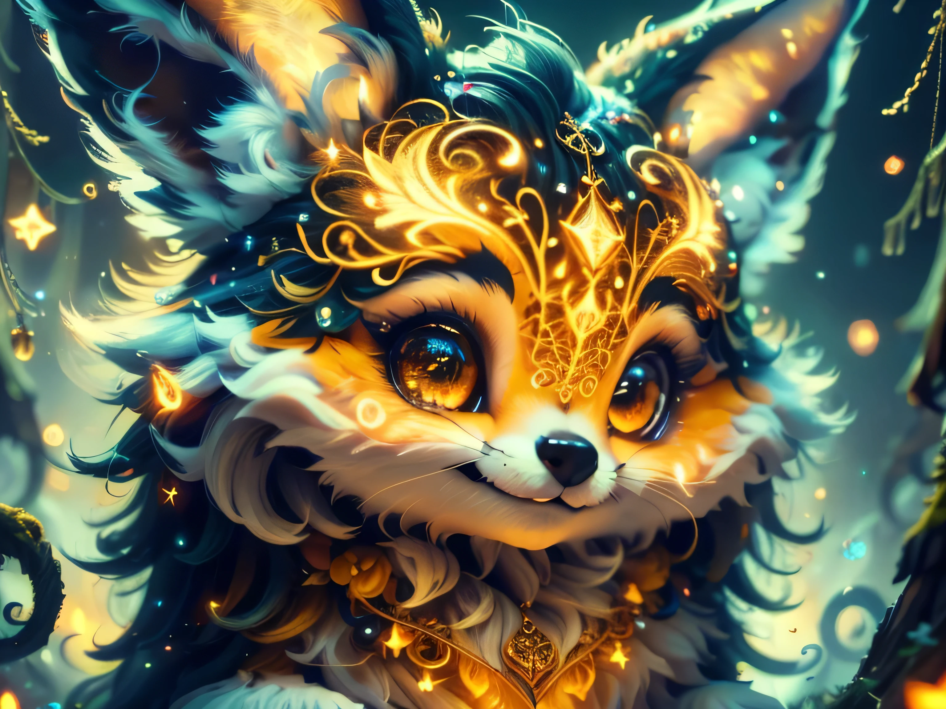 Magical Fantasy Creature, (best quality, masterpiece, Representative work, official art, Professional, Ultra high detail, 8k:1.3) super cute, big-eyed, with a soft, gentle nose, fluffy, smiling with two teeth, cute ghost fennec fox  , realistic, beautiful, sparkles, stars in the eyes, soft volumetric light, (backlight:1.3), (cinematic:1.2), intricate details, (ArtStation:1.3), --auto --s2