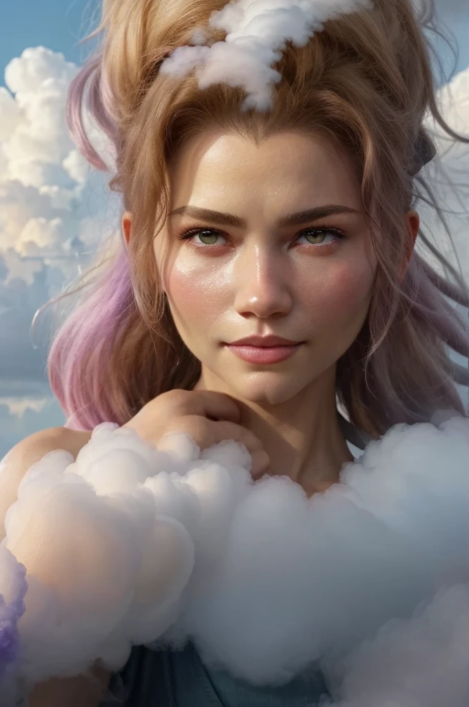 Large color block, creative illustration, Whimsical Concept Art. Head and shoulders portrait. A woman formed by a formation of clouds gently kiss-blows her love to those that need it, surrounded by soft, white clouds. Ethereal and dreamy. Soft, pastel pink and purple hues with light blue accents, blending seamlessly into the clouds. Dynamic, warm lighting shines through the clouds, illuminating the woman's face. Volumetric lighting, hyperdetailed textures, and intricate details. Triadic colors, 8k resolution, Unreal Engine 5 style. Inspired by Greg Rutkowski, Artgerm, WLOP, and Alphonse Mucha. Splash art, trending on Artstation. Vibrant, soft, and romantic. Dreamy atmosphere, gentle colors, cloud-like