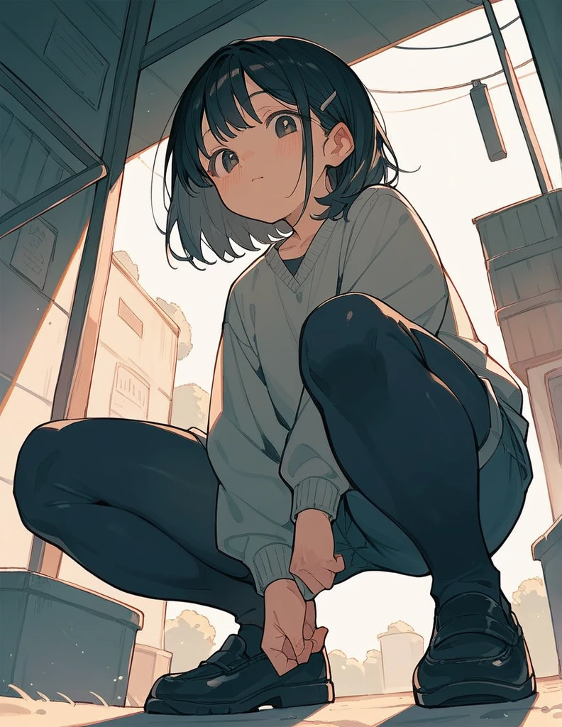 cute、from below、crouching、 medium hair , Black Hair, パイパー・ウォール