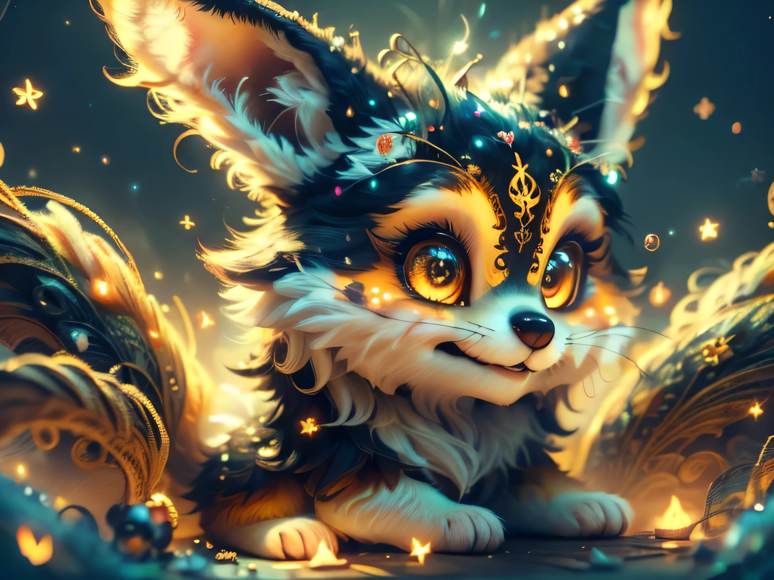 Magical Fantasy Creature, (Best Quality, Masterpiece, Representative Work, Official Art, Professional, Ultra High Detail, 8k:1.3) Super Cute, Big Eyes, Soft, Delicate Nose, Fluffy, Smiling with Two Teeth, Cute Fennec Fox Ghost, Realistic, Beautiful, Sparkling, Stars in Eyes, Soft Volumetric Light, (Backlight:1.3), (Cinematic:1.2), Intricate Details, (ArtStation:1.3), --auto --s2