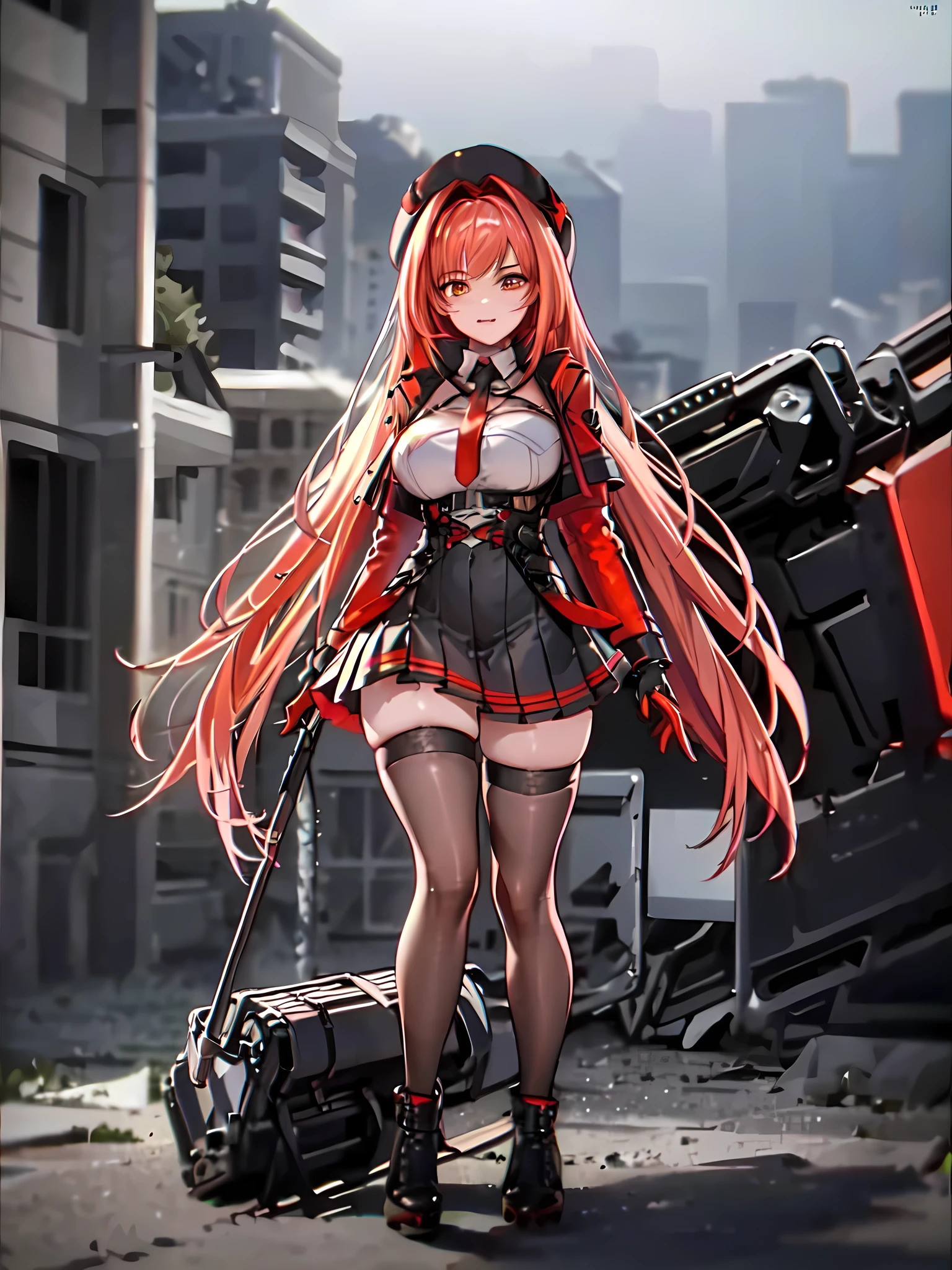 (Best quality)), ((masterpiece)), (detailed:1.4), 3D, Alone, an image of a beautiful cyberpunk female , Detail Face  , Rapi, 1girl, Long Red Hair , Red Eyes , Black Barret Hat, White Collar, Red Necktie, Big Breast , Red Jacket Rubber Cloth, Exposed Chest White Cloth, Black Skirt , Black Gloves , Black Panty, Fullleg Black Stocking, Black High Kneesock , Black Thick Boot, Embarassing Gesture , Sexy Pose, full view of girl, black combat boot, red necktie, black glove, black combat suit, black jacket, black cloak, black panty, ammo belt, sitting on swinging chair, wide grassland as background, bright sky, evening time, outside, weapon, Barretta, Battle Rifle , 8k, high res,rapi nikke, HDR (High Dynamic Range),Ray Tracing,NVIDIA RTX,Super-Resolution,Unreal 5,Subsurface scattering,PBR Texturing,Post-processing,Anisotropic Filtering,Depth-of-field,Maximum clarity and sharpness,Multi-layered textures,Albedo and Specular maps,Surface shading,Accurate simulation of light-material interaction,Perfect proportions,Octane Render,Two-tone lighting,Wide aperture,Low ISO,White balance,Rule of thirds,8K RAW,