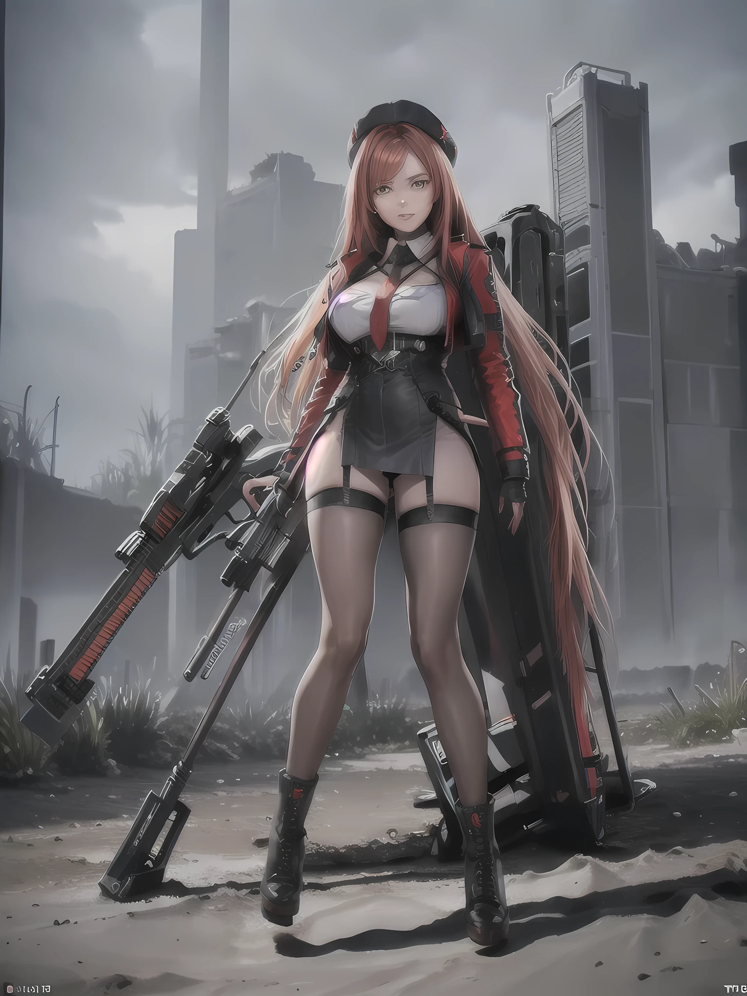 (Best quality)), ((masterpiece)), (detailed:1.4), 3D, Alone, an image of a beautiful cyberpunk female , Detail Face  , Rapi, 1girl, Long Red Hair , Red Eyes , Black Barret Hat, White Collar, Red Necktie, Big Breast , Red Jacket Rubber Cloth, Exposed Chest White Cloth, Black Skirt , Black Gloves , Black Panty, Fullleg Black Stocking, Black High Kneesock , Black Thick Boot, Embarassing Gesture , Sexy Pose, full view of girl, black combat boot, red necktie, black glove, black combat suit, black jacket, black cloak, black panty, ammo belt, sitting on swinging chair, wide grassland as background, bright sky, evening time, outside, weapon, Barretta, Battle Rifle , 8k, high res,rapi nikke, HDR (High Dynamic Range),Ray Tracing,NVIDIA RTX,Super-Resolution,Unreal 5,Subsurface scattering,PBR Texturing,Post-processing,Anisotropic Filtering,Depth-of-field,Maximum clarity and sharpness,Multi-layered textures,Albedo and Specular maps,Surface shading,Accurate simulation of light-material interaction,Perfect proportions,Octane Render,Two-tone lighting,Wide aperture,Low ISO,White balance,Rule of thirds,8K RAW,