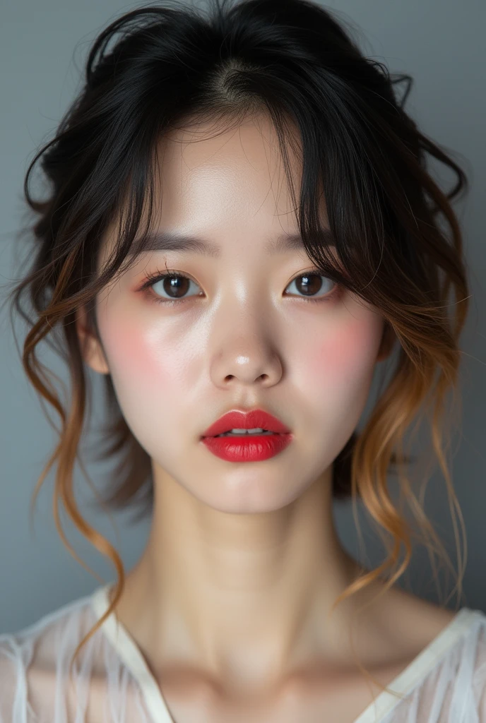 born,  sharp concentration, delicate, Beautiful composition, 最 high quality, (Realistic),  high quality, Super detailed, (live-action), (Realistic skin), (intricate detail), (Latex Skin:0.4), (Detailed skin:1.3), ( perfect shiny and shiny skin:0.6), ( beautiful eyes),  round eyes,  pretty face ,  makes you blush, Glossy lips, High nose bridge, [:(  Detailed Face :1.2):0.2],  Sparkling Eyes, (pureerosface_v1:0.1), (ulzzang-6500:0.1), ( beautiful 20 year old cute Korean woman:1.3),  instagram, ( K-pop idol, korean mixed), Perfectly Proportioned Face, (High nose:0.7), Realistic humid skin, Red lips, Disheveled short hair with golden and cyber pink meshes (), ( happy face:1.2),  8K Ultra HD,  DSLRs That Turned 50,  high quality,  film grain:1.3, photoRealistic, (studio), (Gray simple background:1.5),(Close your lips:1.3),