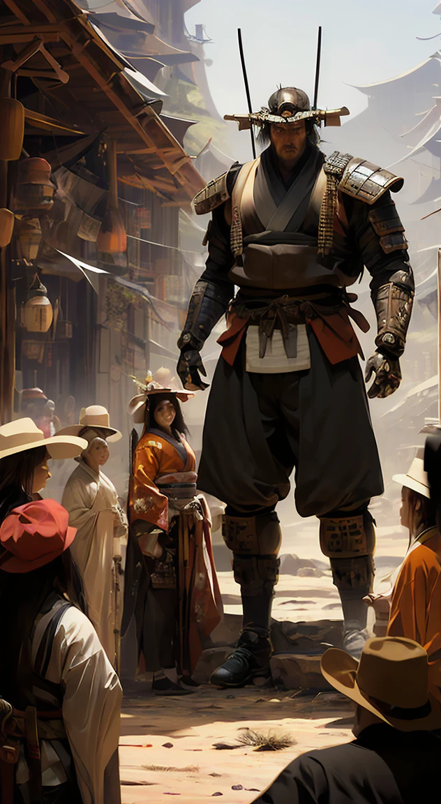 An ultra high definition image of a post-apocalyptic Western with ancient flying robots; a tall male human samurai stands with a katana and wearing a dark colored kimono.  Dynamic pose.  The cowboys and women stare at the samurai.