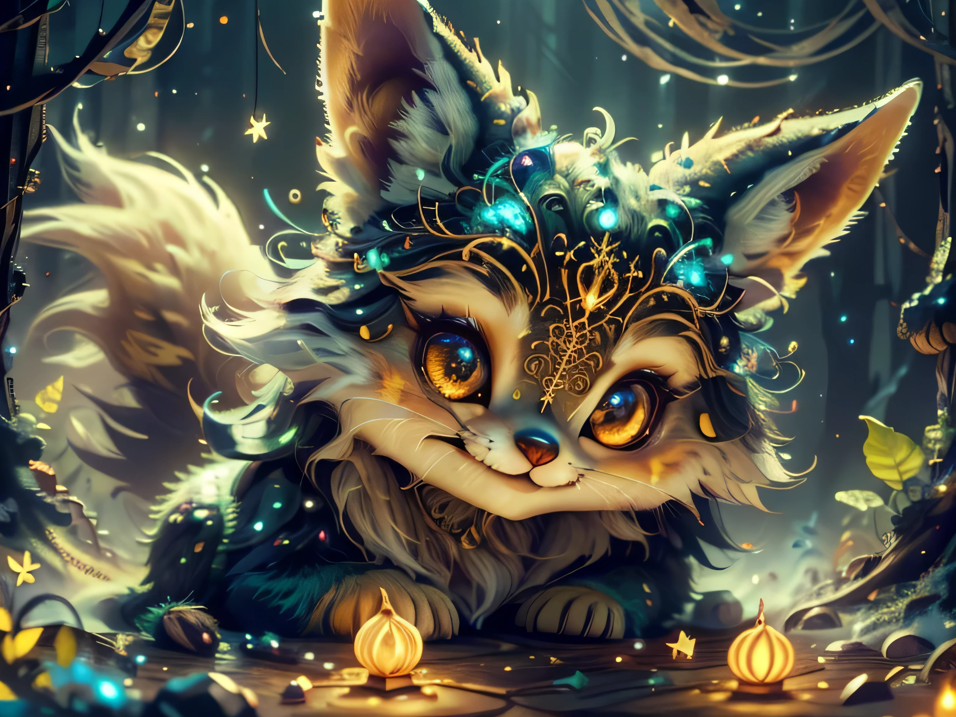 Magical Fantasy Creature, (best quality, masterpiece, Representative work, official art, Professional, Ultra high detail, 8k:1.3) super cute, big-eyed, with a soft, gentle nose, fluffy, smiling with two teeth, cute ghost fennec fox  , realistic, beautiful, sparkles, stars in the eyes, soft volumetric light, (backlight:1.3), (cinematic:1.2), intricate details, (ArtStation:1.3), --auto --s2