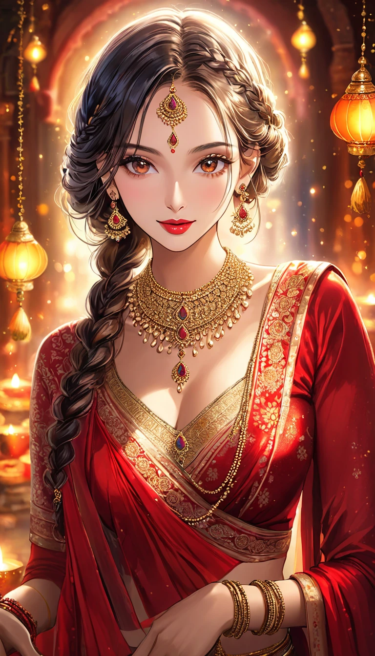 a young woman leaning down, single hair braid, detailed alluring eyes, smooth detailed lips, beautiful face, smiling, red lipstick, navel, bangles, saggy breasts, small cleavage, beautiful floral white saree with intricate patterns, big long jhumka earrings, ),HDR,UHD,studio lighting,ultra-fine painting,sharp focus,physically-based rendering,extreme detail description,professional,vivid colors,bokeh,portraits,chiaroscuro lighting,dramatic lighting,cinematic lighting, celebrating Diwali festival, background house entrance,diwali,manga tikka , jewellery, diamond necklace,gold necklace,silver chain, bangles,silver bangles,rings, wedding ring,nail polish,makeup eyeshadow ,white skin