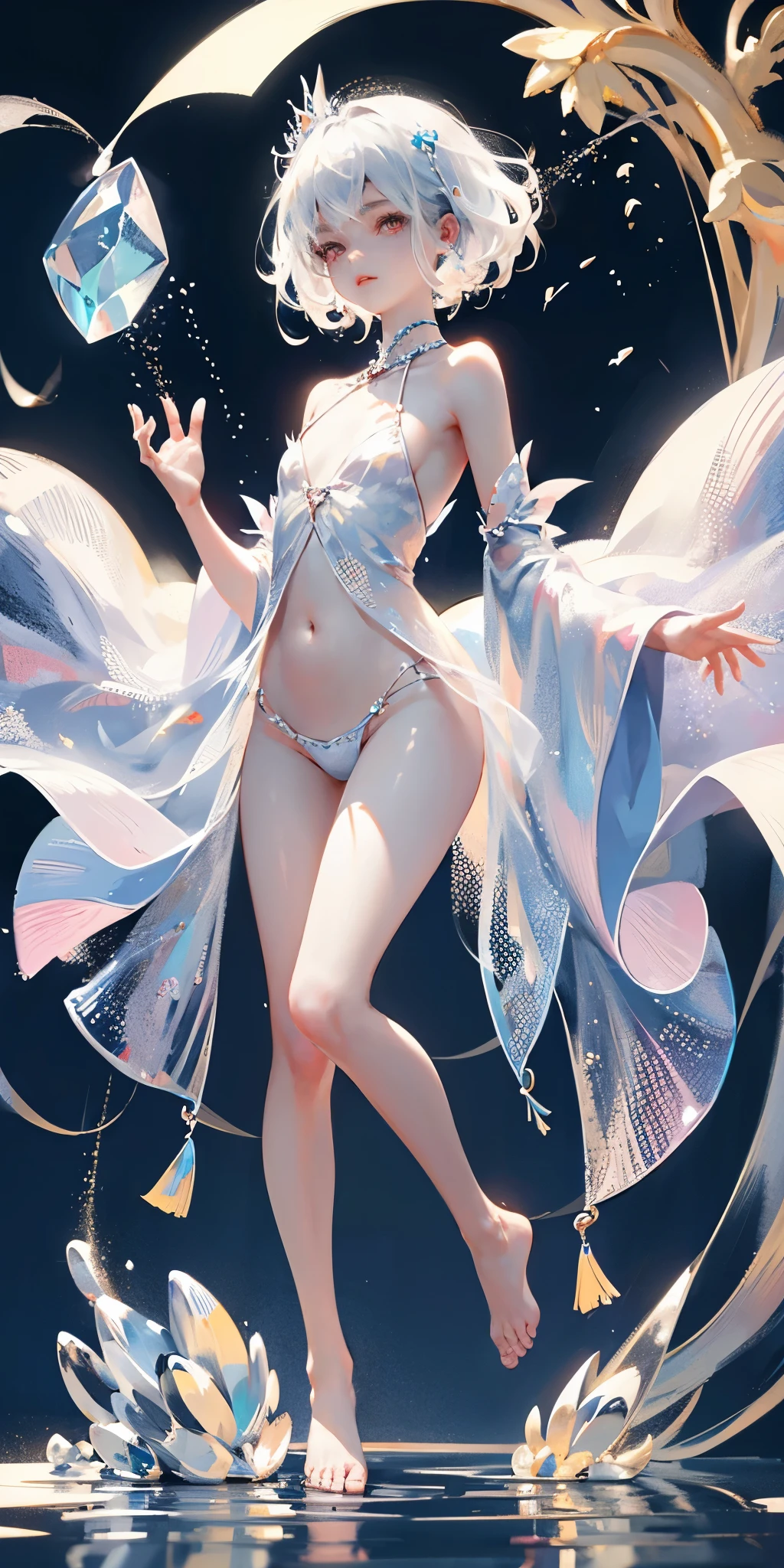 A girl、symmetry,Daughter,whole body female love,Put your hands together and bloom,(Very detailed:1.1),((small :1.2))、The eyes are well drawn、Charming eyes、Double tail、Wear jewelry and pearls around your neck,Transparent openwork、Deep V、Crystal Pearls、在Wear jewelry and pearls around your neck,white hair, show your thighs, Bare shoulders, Show clavicle, Yao Liu, barefoot,((whole body))、painful posture