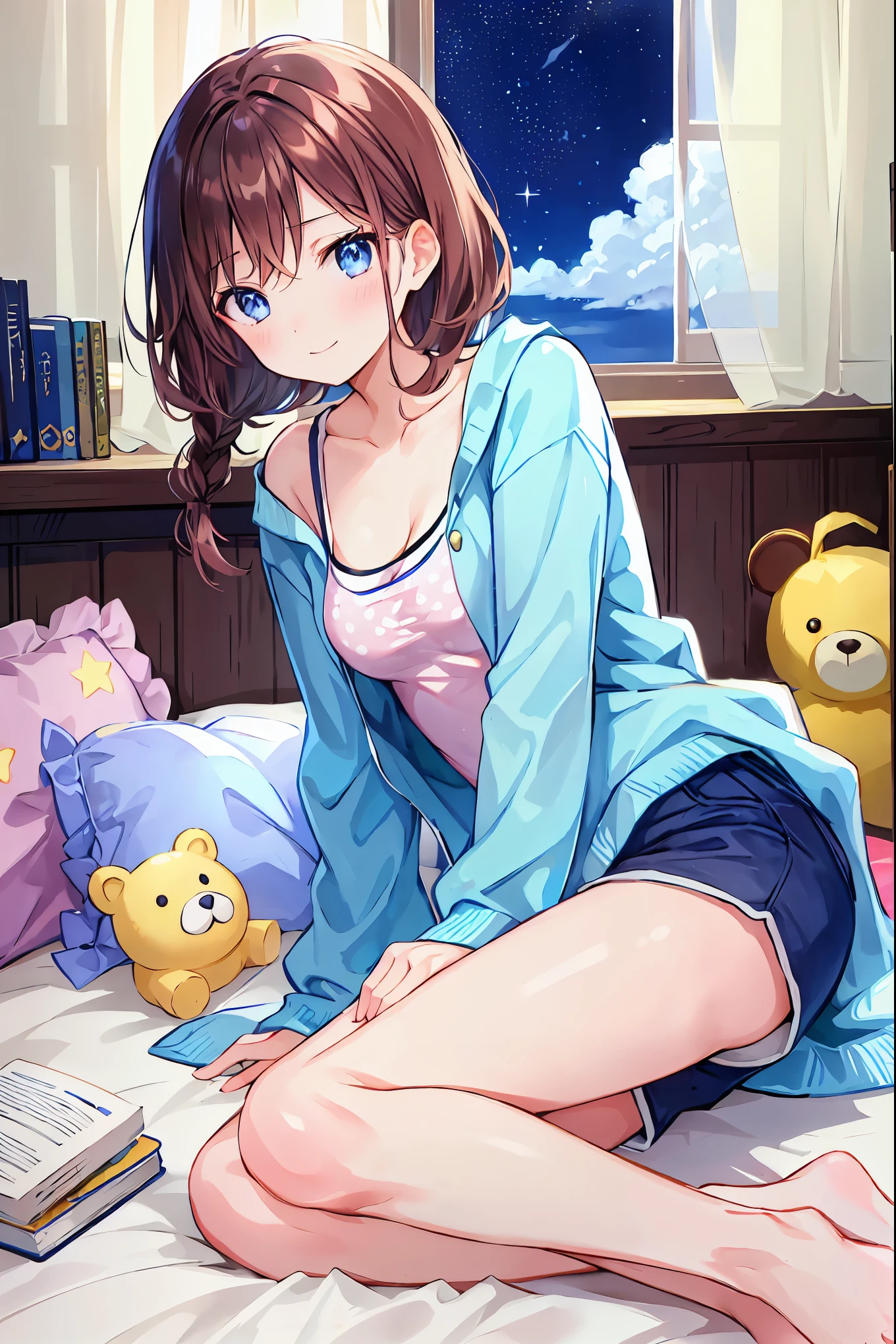  one girl playing pranks, Alone, Brown Hair， shortcuts，My hair is messy， Short braided hair ，Neat，Slender beauty，Dignified posture，Small breasts， beautiful legs with tails，魅惑的なグレーブルーの目はstarのように輝いている， bright color, beautiful eyes,A delicate smile, Wrinkled Skin ,The best品質、The best,  gentle and beautiful woman  , anime style,  Long Sleeve ,  at dawn, null,  shorts, barefoot, cloud, indoor, pillow, books, barefoot, Bed with window ,  Knight ,  on the bed,  plush, moon,  plush, curtain, star (null),  Knight  null, mechanical, starry null, bubble, teddy bear, pajamas, clock, books, lamp, bedroom, crescent moon, ,