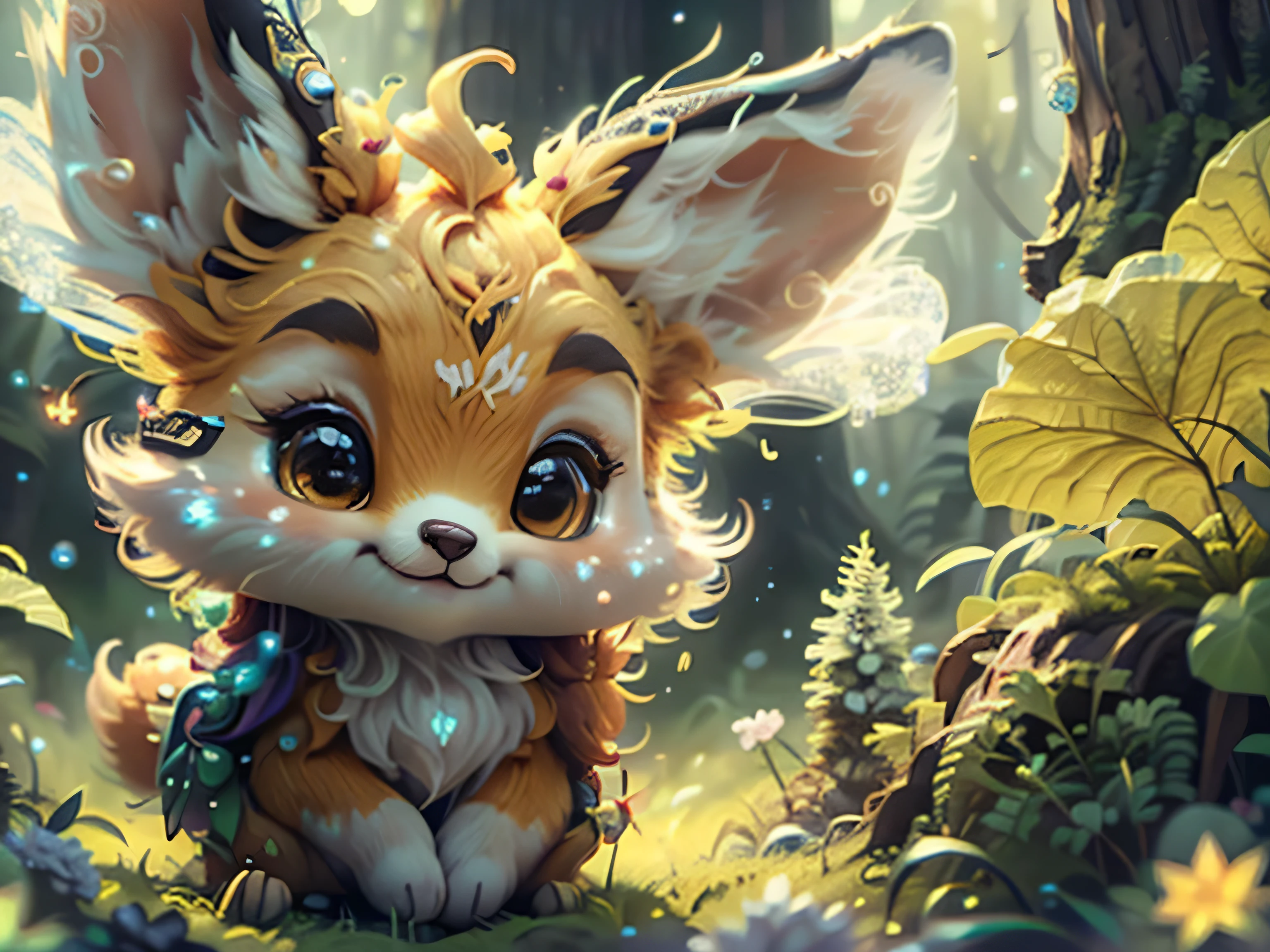 Magical Fantasy Creature, (Best Quality, Masterpiece, Representative Work, Official Art, Professional, Ultra Fine Detail, 8k:1.3) Fox Spirit, Super Cute, Big Eyes, Soft, Delicate Nose, Fluffy, Two-Toothed Smile, Cute Fennec Fox Ghost, Realistic, Beautiful, Sparkling, Stars in Eyes, Star Pearl, Fox Lights, Soft Volumetric Light, (Backlight:1.3), (Cinematic:1.2), Intricate Details, (ArtStation:1.3), --auto --s2