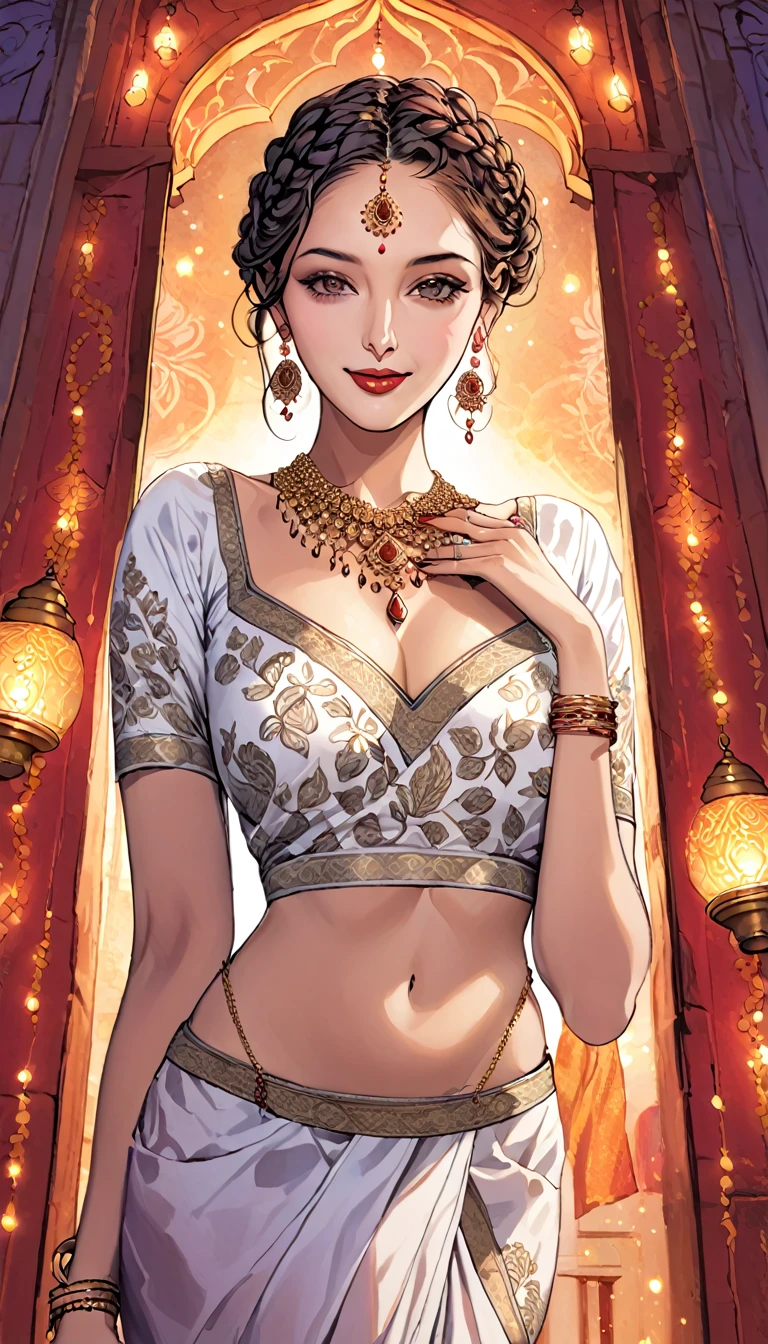 a young woman leaning down, single hair braid, detailed alluring eyes, smooth detailed lips, beautiful face, smiling, red lipstick, navel, bangles, saggy breasts, small cleavage, beautiful floral white saree with intricate patterns, big long jhumka earrings, ,cinematic lighting, celebrating Diwali festival, background house entrance,diwali,manga tikka , jewellery, diamond necklace,gold necklace,silver chain, bangles,silver bangles,rings, wedding ring,nail polish,makeup eyeshadow ,white skin