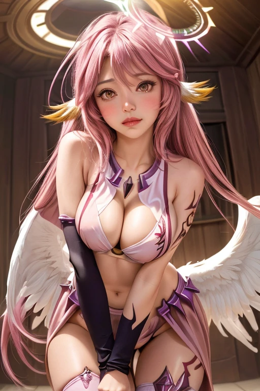 "Generate a photorealistic portrait of Jibril from 'No Game No Life' by emphasizing her revealing outfit with mismatched asymmetrical stockings, her large breasts, gloves, and low-cut wings with exposed side breast, midriff, and cleavage. Highlight her tattoo and long pink hair adorned with a halo. Incorporate subtle drool and a captivating gaze directed at the viewer with blush on her lips and soft cheeks. Ensure high-quality detail and surrealism with cinematic lighting casting bright shadows and highlights. Use a first-person perspective from below. Aim for a masterpiece with accurate anatomy, high-quality textured skin, beads of sweat, and a dewy skin sheen. Create the image in 4K or 8K resolution with superb detail."