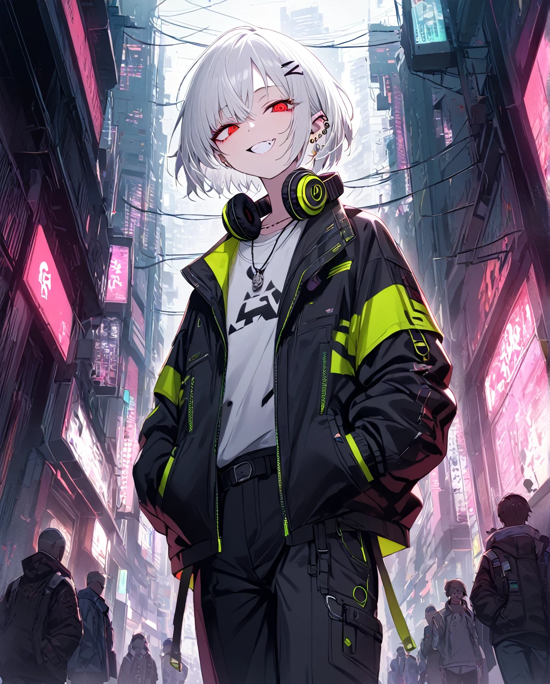 1boy.solo,cowboy shot,walking,hand in pockets
,white hair,short hair,grin,mesugaki,skin fang,red eyes,half-closed eyes,(crazy eyes),flat chest,ear piercing,necklace,headphones around neck,
Cyberpunk fashion,pants,,beautiful skin,Cyberpunk Cities,High-Tech Parks,neme:kotarou