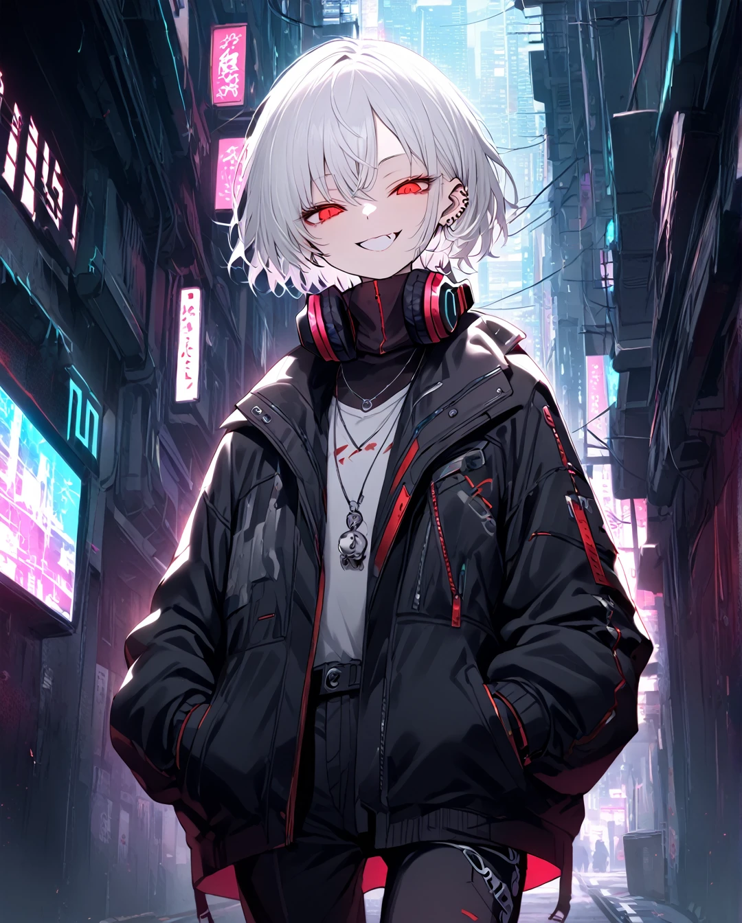 1boy.solo,cowboy shot,walking,hand in pockets
,white hair,short hair,grin,mesugaki,skin fang,red eyes,half-closed eyes,(crazy eyes),flat chest,ear piercing,necklace,headphones around neck,
Cyberpunk fashion,pants,,beautiful skin,Cyberpunk Cities,High-Tech Parks,neme:kotarou