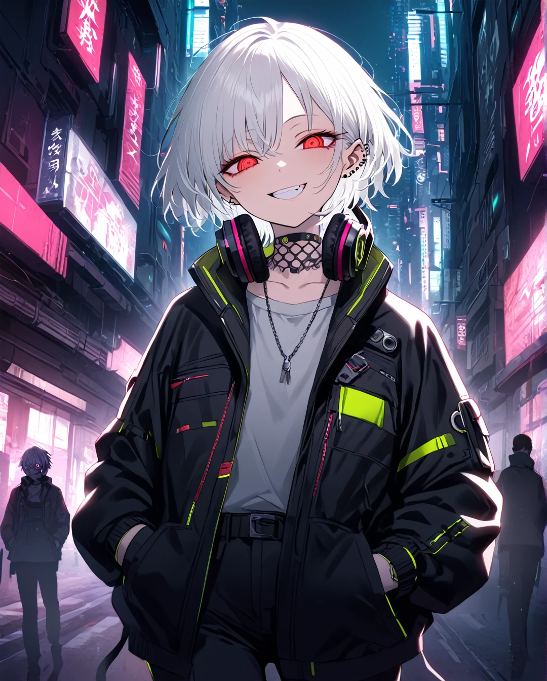 1boy.solo,cowboy shot,walking,hand in pockets
,white hair,short hair,grin,mesugaki,skin fang,red eyes,half-closed eyes,(crazy eyes),flat chest,ear piercing,necklace,headphones around neck,
Cyberpunk fashion,pants,,beautiful skin,Cyberpunk Cities,High-Tech Parks,neme:kotarou