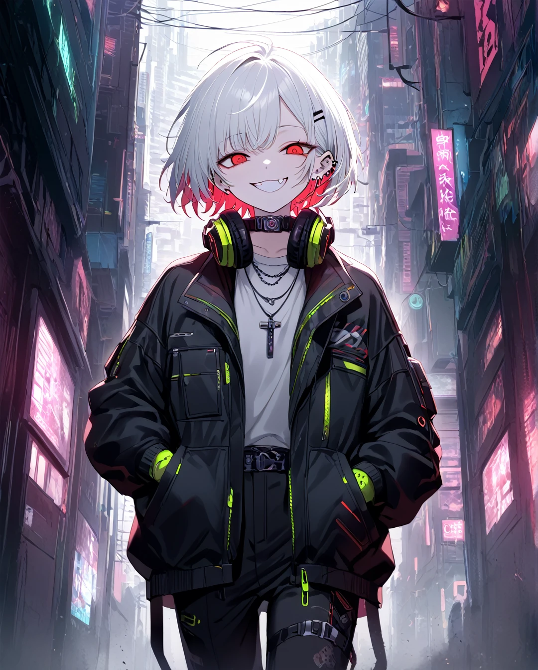 1boy.solo,cowboy shot,walking,hand in pockets
,white hair,short hair,grin,mesugaki,skin fang,red eyes,half-closed eyes,(crazy eyes),flat chest,ear piercing,necklace,headphones around neck,
Cyberpunk fashion,pants,,beautiful skin,Cyberpunk Cities,High-Tech Parks,neme:kotarou