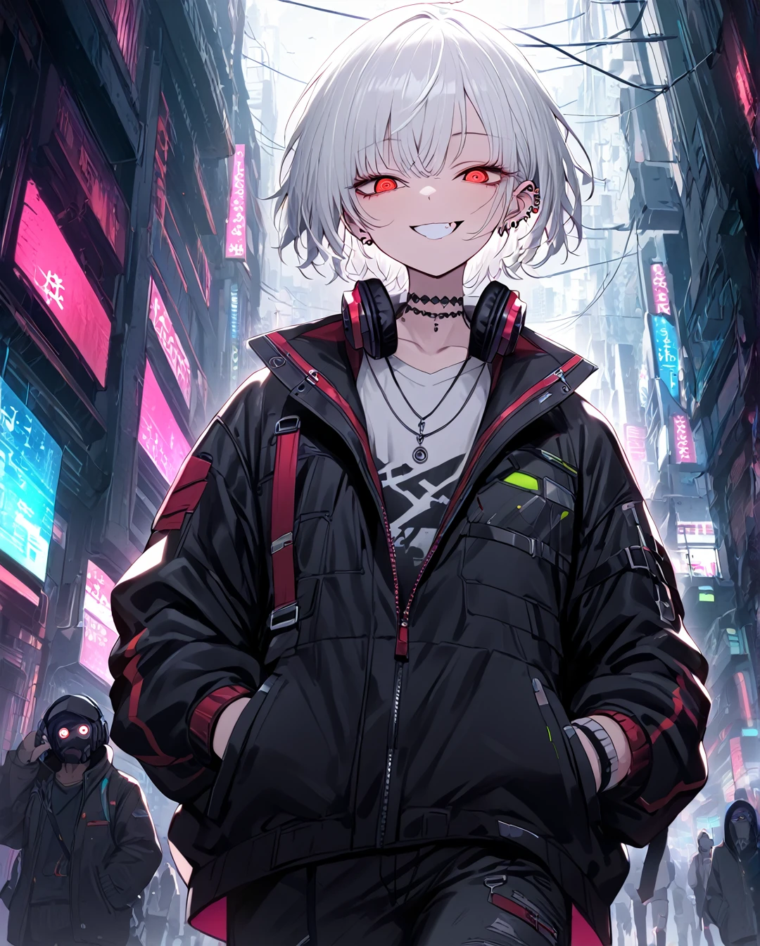 1boy.solo,cowboy shot,walking,hand in pockets
,white hair,short hair,grin,mesugaki,skin fang,red eyes,half-closed eyes,(crazy eyes),flat chest,ear piercing,necklace,headphones around neck,
Cyberpunk fashion,pants,,beautiful skin,Cyberpunk Cities,High-Tech Parks,neme:kotarou