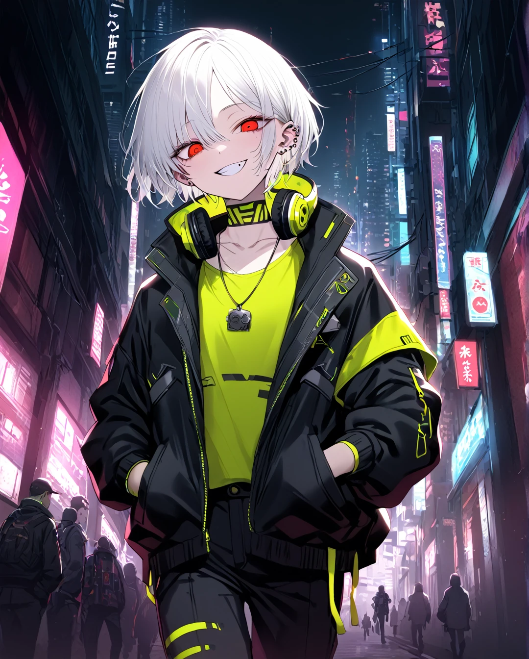 1boy.solo,cowboy shot,walking,hand in pockets
,white hair,short hair,grin,mesugaki,skin fang,red eyes,half-closed eyes,(crazy eyes),flat chest,ear piercing,necklace,headphones around neck,
Cyberpunk fashion,pants,,beautiful skin,Cyberpunk Cities,High-Tech Parks,neme:kotarou