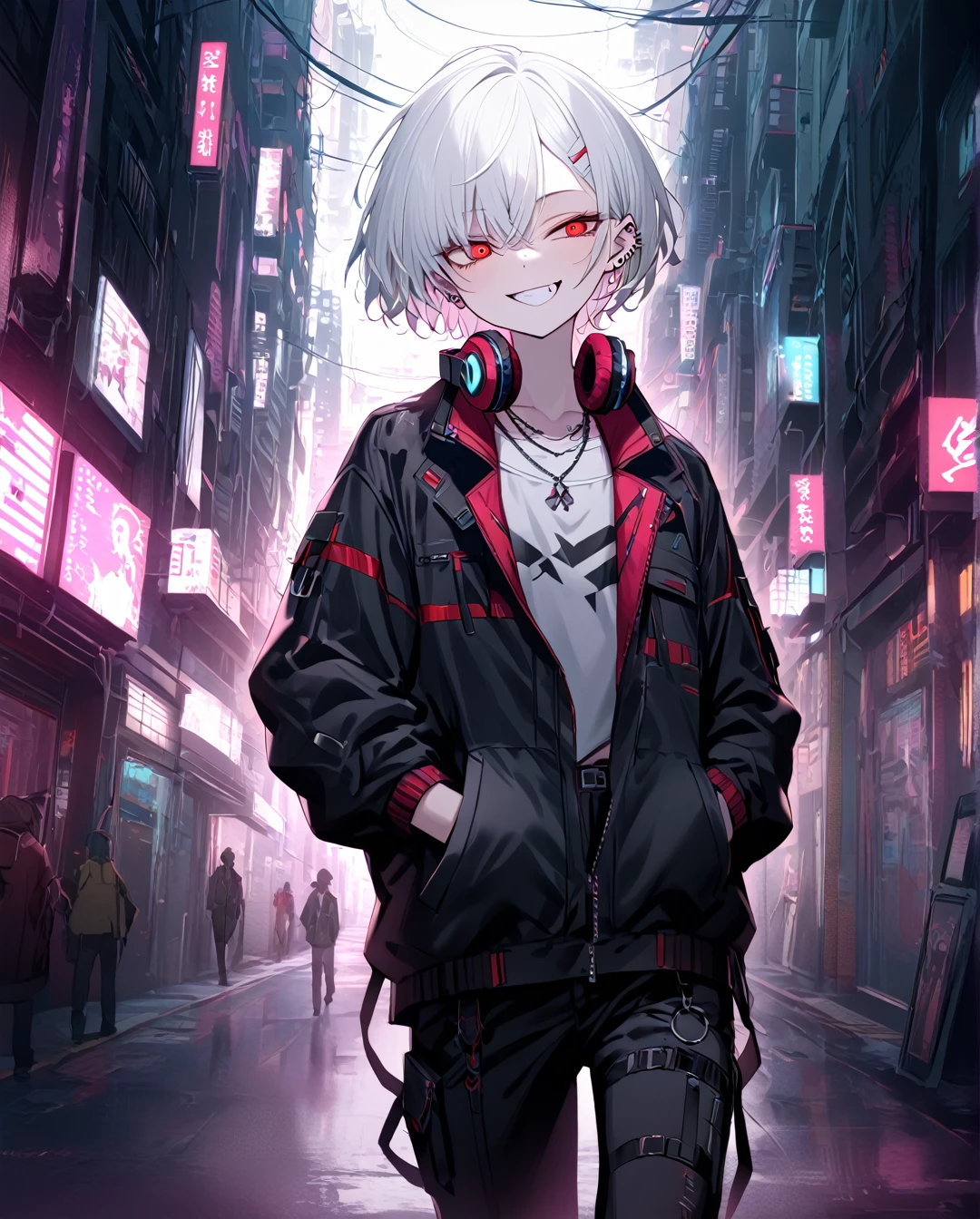 1boy.solo,cowboy shot,walking,hand in pockets
,white hair,short hair,grin,mesugaki,skin fang,red eyes,half-closed eyes,(crazy eyes),flat chest,ear piercing,necklace,headphones around neck,
Cyberpunk fashion,pants,,beautiful skin,Cyberpunk Cities,High-Tech Parks,neme:kotarou