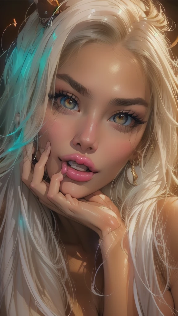  a close up of a woman with long white hair and red lipstick, Awesome digital illustration,  beautiful digital art work, beautiful digital illustration, realista 4k, 4k realistic digital art,  beautiful digital art ,   exquisite digital illustration  ,   high-quality detailed art of 8 carats  , Glowing digital painting, magnificent digital painting,  realistic digital illustration ,  beautiful digital art ,  portrait of Rossdraws 