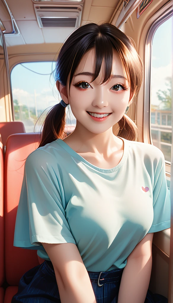  Korean Actress Photo Pictures, Uneven Double Ponytail , Light makeup,  Medium breast size , Smile, Colored T-shirts, On the bus,  Clear Facial Features ,Realistic details, Sony FE, 35 mm,  cinematic lighting ,  Height Details , UHD,  high quality , HD, 8K, 16K