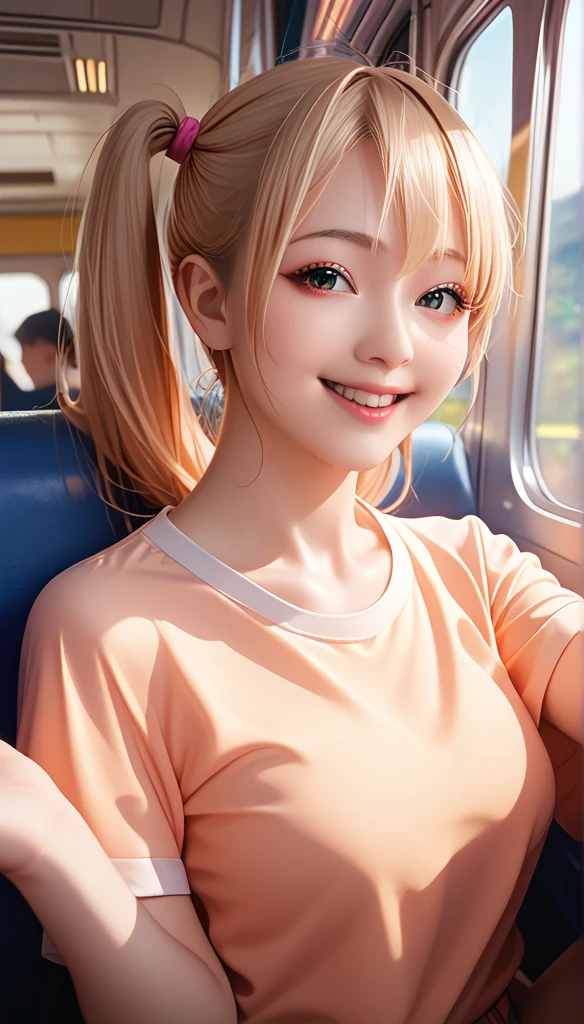  Korean Actress Photo Pictures, Uneven Double Ponytail , Light makeup,  Medium breast size , Smile, Colored T-shirts, On the bus,  Clear Facial Features ,Realistic details, Sony FE, 35 mm,  cinematic lighting ,  Height Details , UHD,  high quality , HD, 8K, 16K