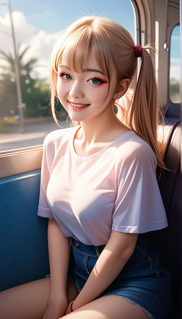  Korean Actress Photo Pictures, Uneven Double Ponytail , Light makeup,  Medium breast size , Smile, Colored T-shirts, On the bus,  Clear Facial Features ,Realistic details, Sony FE, 35 mm,  cinematic lighting ,  Height Details , UHD,  high quality , HD, 8K, 16K