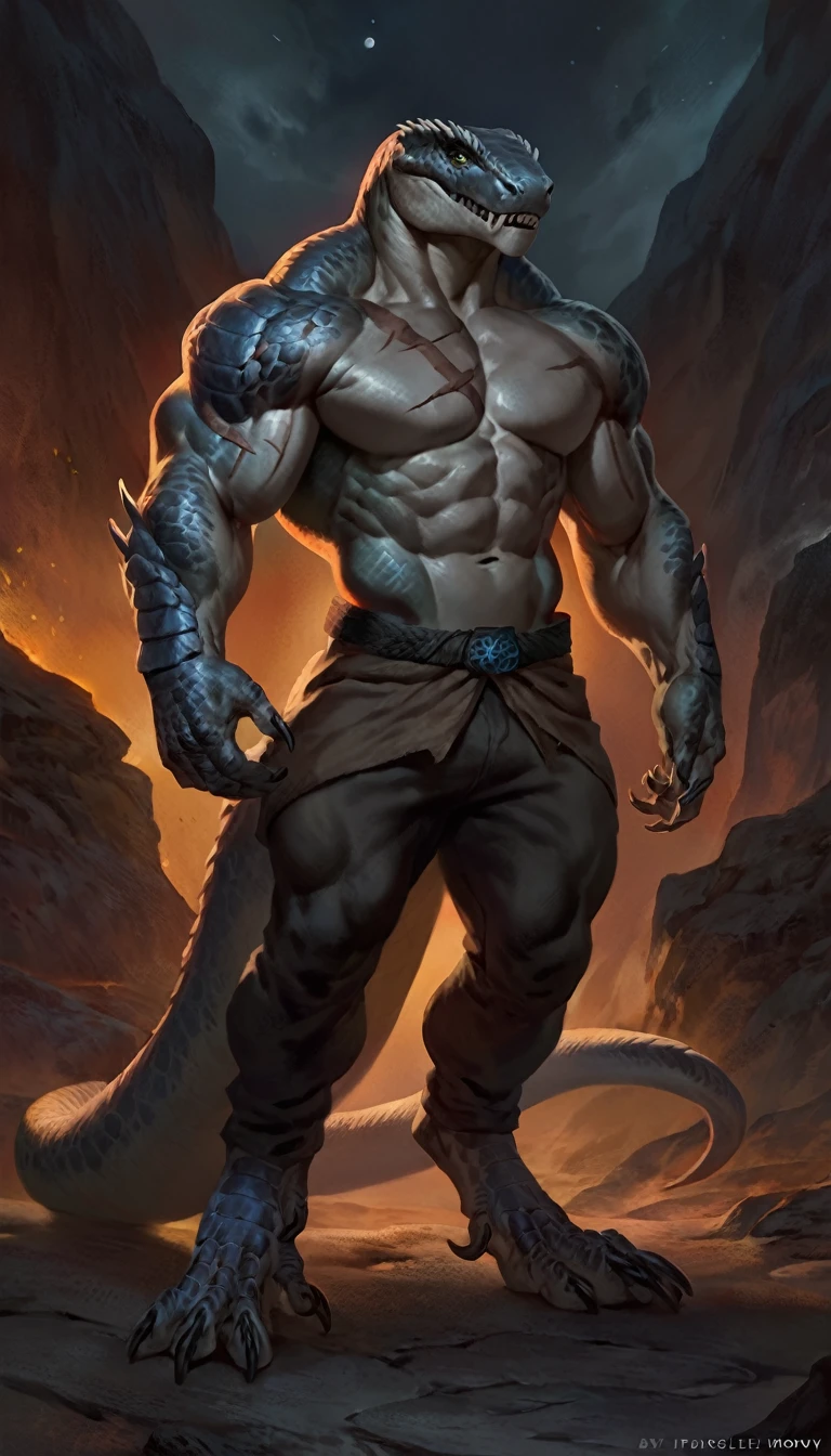 Muscular monster lizardfolk, solo, pants, mercenary, blue tongued skink ...