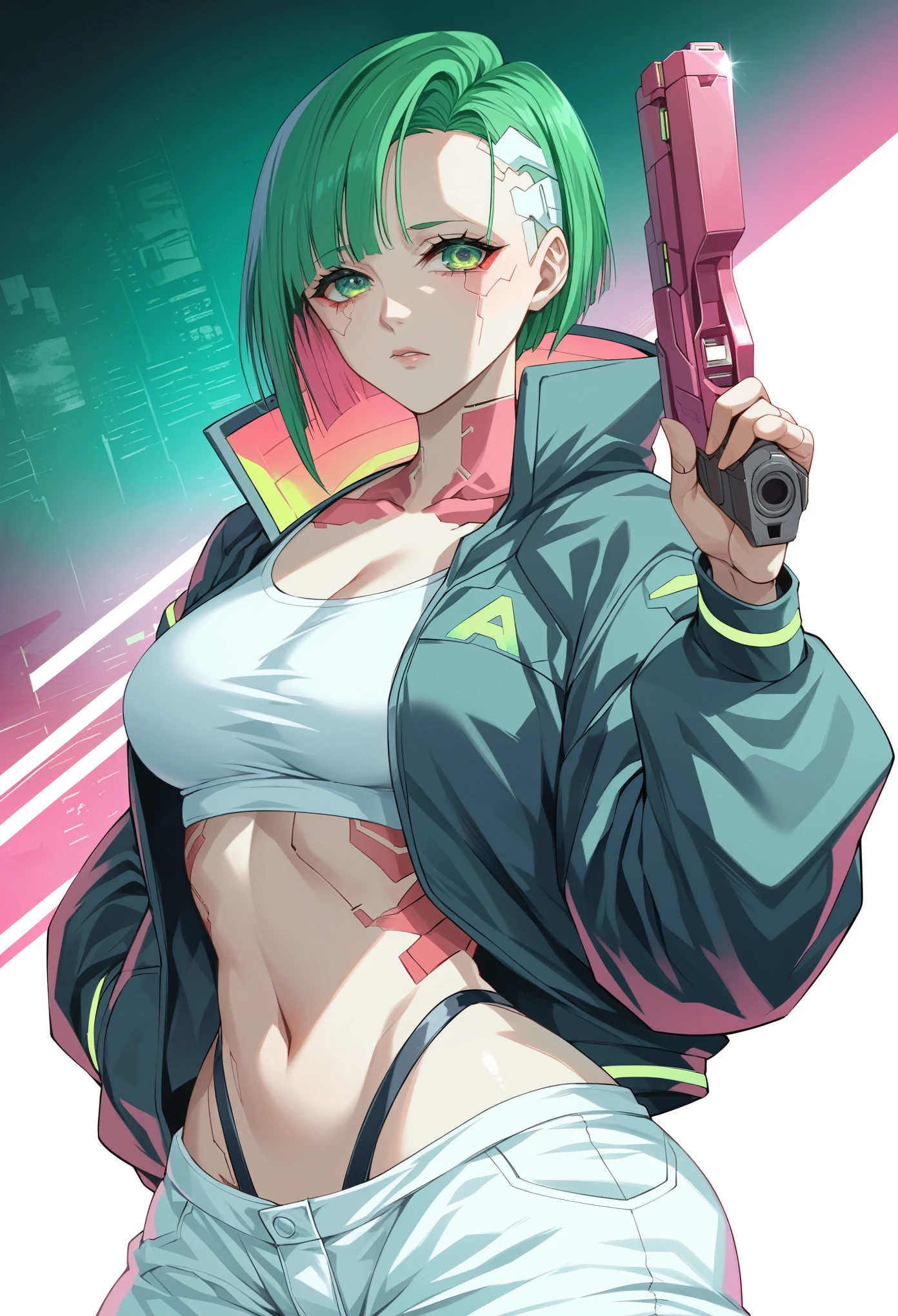 a woman with green eyes and a black jacket holding a gun, anime cyberpunk art, cyberpunk anime girl, best anime 4k konachan wallpaper, cyberpunk anime girl mech, female cyberpunk anime girl, cyberpunk anime art, anime style 4 k, digital cyberpunk anime art, cyberpunk anime girl in hoodie, anime wallpaper 4k, anime wallpaper 4 k, anime cyberpunk