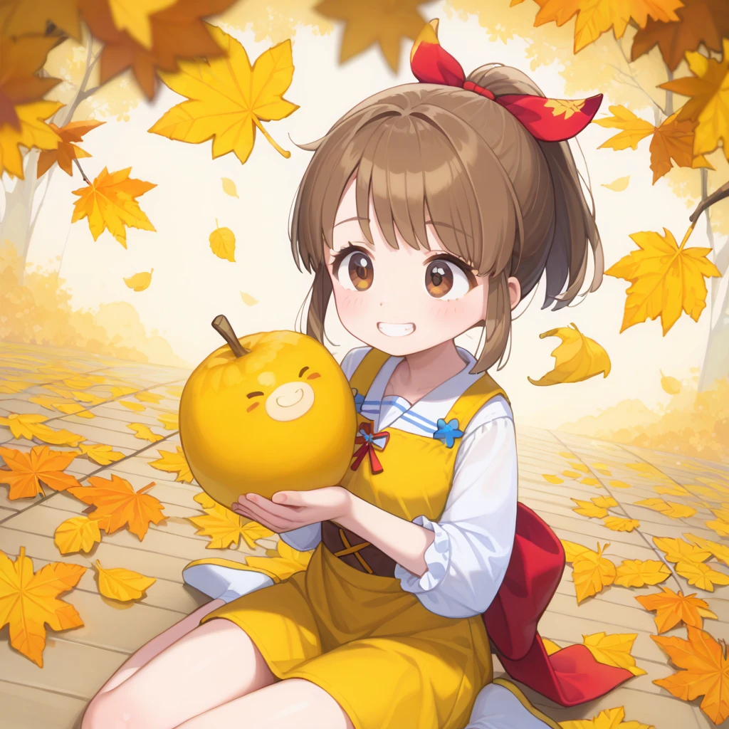 (masterpiece, best quality, hyper detailed:1.4), cute,
1 girl, short, slender, fair skin, medium brown hair, ponytail, floating hair, big droopy eyes, brown eyes,
(yellow ginkgo leaves background), holding a lot yellow ginkgo leaves,
happy, cheerful grin, sitting on floor, looking away, dutch angle shot,