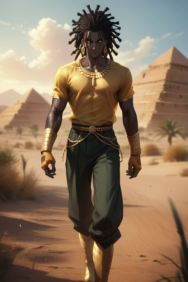  create a scarlet-eyed black man character holding a khopesh , Dread hair with a strong and tall body , golden boots and gloves,  he must be walking on desert dunes with a pyramid in the background and expression of power, arte no estilo de one punch man, Full HD image 1080p , hair with multiple layers and black skin with lighting your body must have gold details and an Egyptian shirt