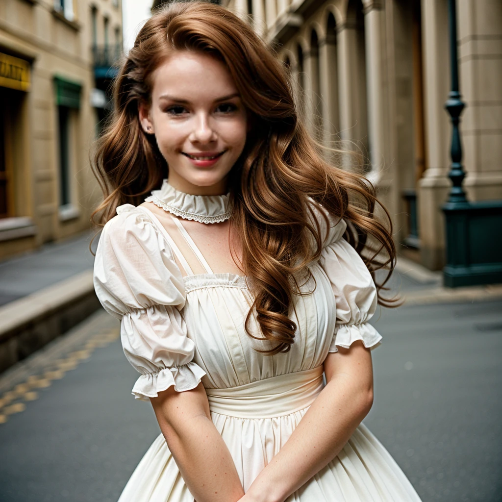 (best quality, ultra-detailed, realistic:1.37), 23 year old Swedish female, dyed red hair, medium length extremely curly layered hairstyle, bright blue eyes, high cheek bones, pale skin tone, shot on a Canon EOS R6 Mark II camera