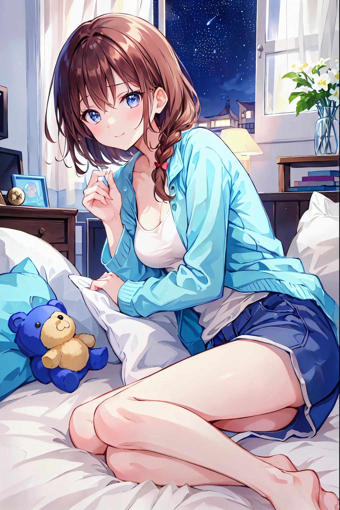  one girl playing pranks, Alone, Brown Hair， shortcuts，My hair is messy， Short braided hair ，Neat，Slender beauty，Dignified posture，Small breasts， beautiful legs with tails，魅惑的なグレーブルーの目はstarのように輝いている， bright color, beautiful eyes,A delicate smile, Wrinkled Skin ,The best品質、The best,  gentle and beautiful woman  , anime style,  Long Sleeve ,  at dawn, null,  shorts, barefoot, cloud, indoor, pillow, books, barefoot, Bed with window ,  Knight ,  on the bed,  plush, moon,  plush, curtain, star (null),  Knight  null, mechanical, starry null, bubble, teddy bear, pajamas, clock, books, lamp, bedroom, crescent moon, ,