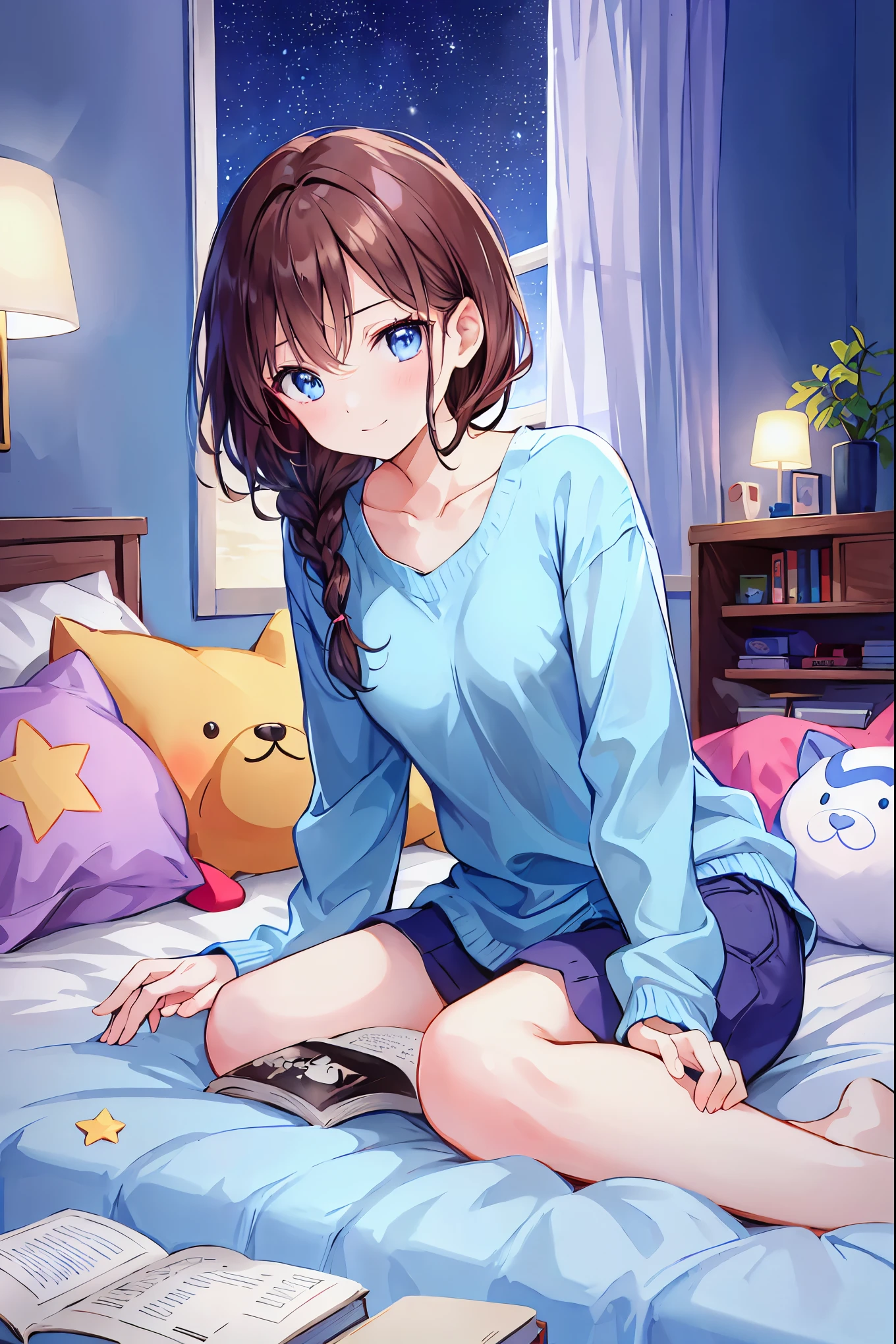  one girl playing pranks, Alone, Brown Hair， shortcuts，My hair is messy， Short braided hair ，Neat，Slender beauty，Dignified posture，Small breasts， beautiful legs with tails，魅惑的なグレーブルーの目はstarのように輝いている， bright color, beautiful eyes,A delicate smile, Wrinkled Skin ,The best品質、The best,  gentle and beautiful woman  , anime style,  Long Sleeve ,  at dawn, null,  shorts, barefoot, cloud, indoor, pillow, books, barefoot, Bed with window ,  Knight ,  on the bed,  plush, moon,  plush, curtain, star (null),  Knight  null, mechanical, starry null, bubble, teddy bear, pajamas, clock, books, lamp, bedroom, crescent moon, ,