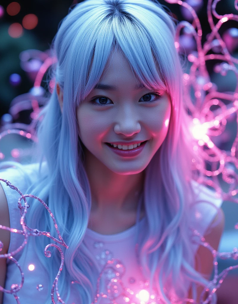 (masterpiece, Best Quality, Best Quality, Official Art,   Beautiful and Aesthetic:1.2), ( 1 girl),   EXTREME DETAIL  ,colorful,Highest detail, SILVER HAIR SHINING 、 Blue Magical Neon Fractal Art Floating Around Her