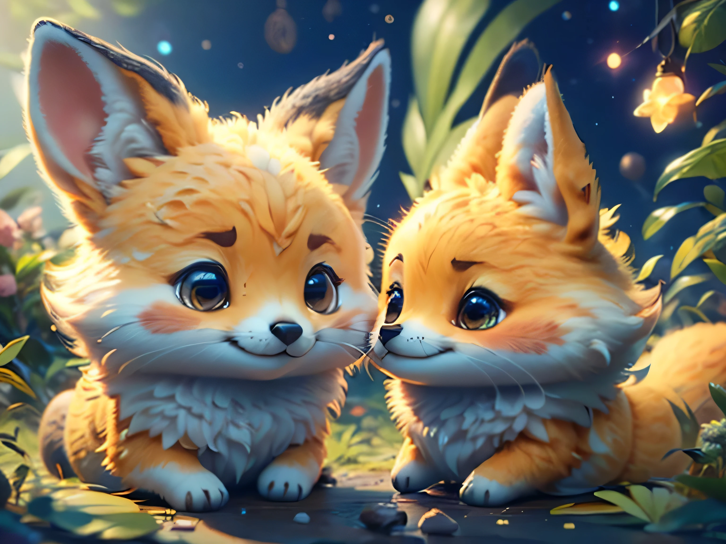 Magical Fantasy Creature, (Best Quality, Masterpiece, Representative Work, Official Art, Professional, Ultra Fine Detail, 8k:1.3), (Photorealism:1.2), Fox Spirit, Super Cute, Big Eyes, Soft, Delicate Nose, Fluffy, Two-Toothed Smile, Cute Fennec Fox Ghost, Realistic, Beautiful, Sparkling, Stars in Eyes, Star Pearl, Fox Lights, Soft Volumetric Light, (Backlight:1.3), (Cinematic:1.2), Intricate Details, (ArtStation:1.3), --auto --s2