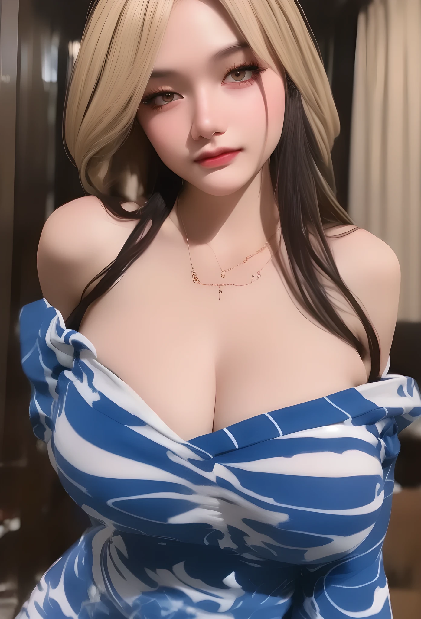 (masterpiece), (hyper-realistic), (detailed features), ((hyper realistic)), (Best quality, 8k, 32k, raw photo, real life, photorealistic, UHD:1.2), 1girl, solo, long hair, breasts, looking at viewer, blush, smile, bangs, blonde hair, cleavage, bare shoulders, brown eyes, jewelry, standing, collarbone, thighs, cowboy shot, japanese clothes, striped, shiny, indoors, kimono, necklace, off shoulder, huge breasts, covered nipples, shiny skin, sash, yukata, (hyper-realistic girl), (illustration), (high resolution), (extremely detailed), (best illustration), (beautiful detailed eyes), (best quality), (ultra-detailed), (masterpiece), (wallpaper), (photorealistic), (natural light), (rim lighting), (detailed face), (high detailed realistic skin face texture), (anatomically correct), (perfect hands), (correct fingers), (heterochromic eyes), (detailed eyes), (sparkling eyes), (dynamic pose), (loose hair:1.35), looking to viewers,Extremely Realistic,